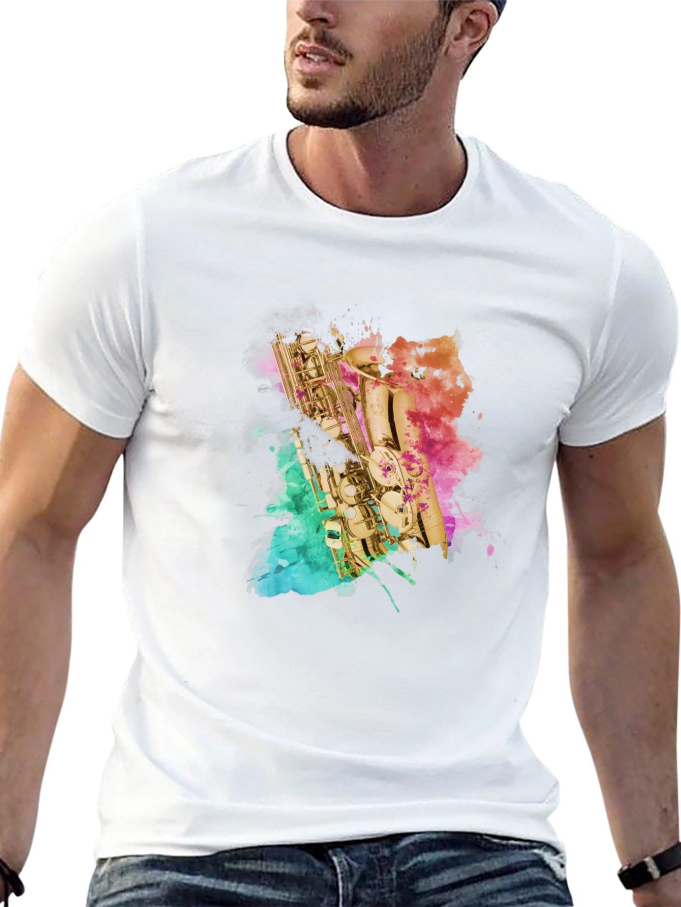 Black Saxophone Watercolor Art Men's Black T-Shirt view 13