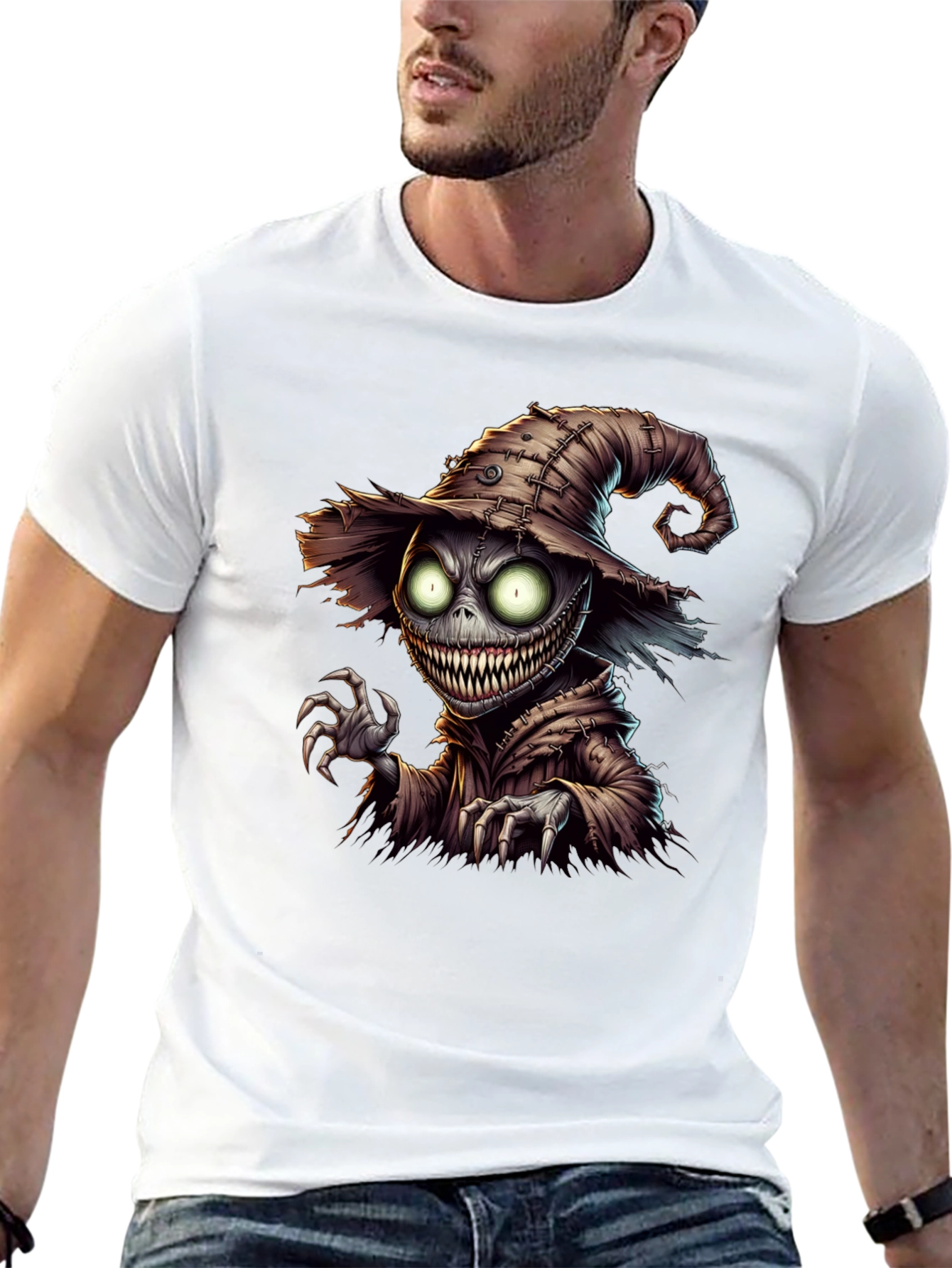 Black Creepy Scarecrow Graphic Tee - Halloween Horror Shirt view 13