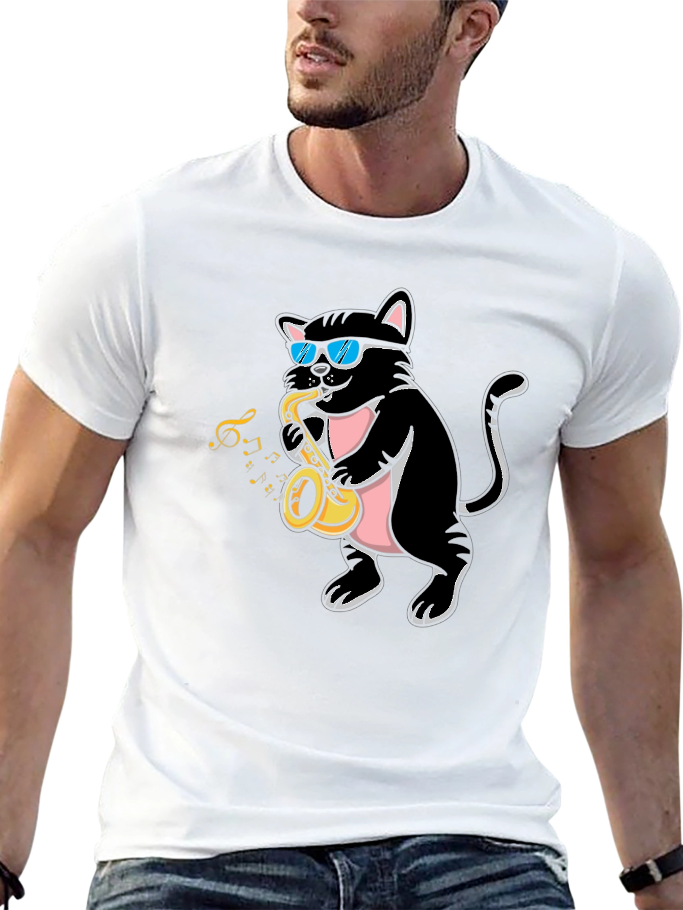 Black Cool Cat Saxophone Player Graphic T-Shirt view 13
