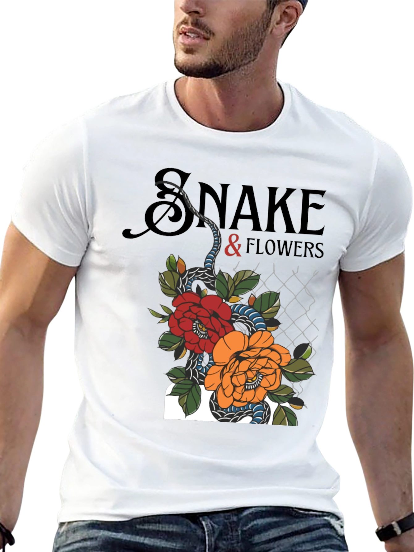 Black Snake & Flowers Graphic Tee - Black Cotton T-Shirt view 13