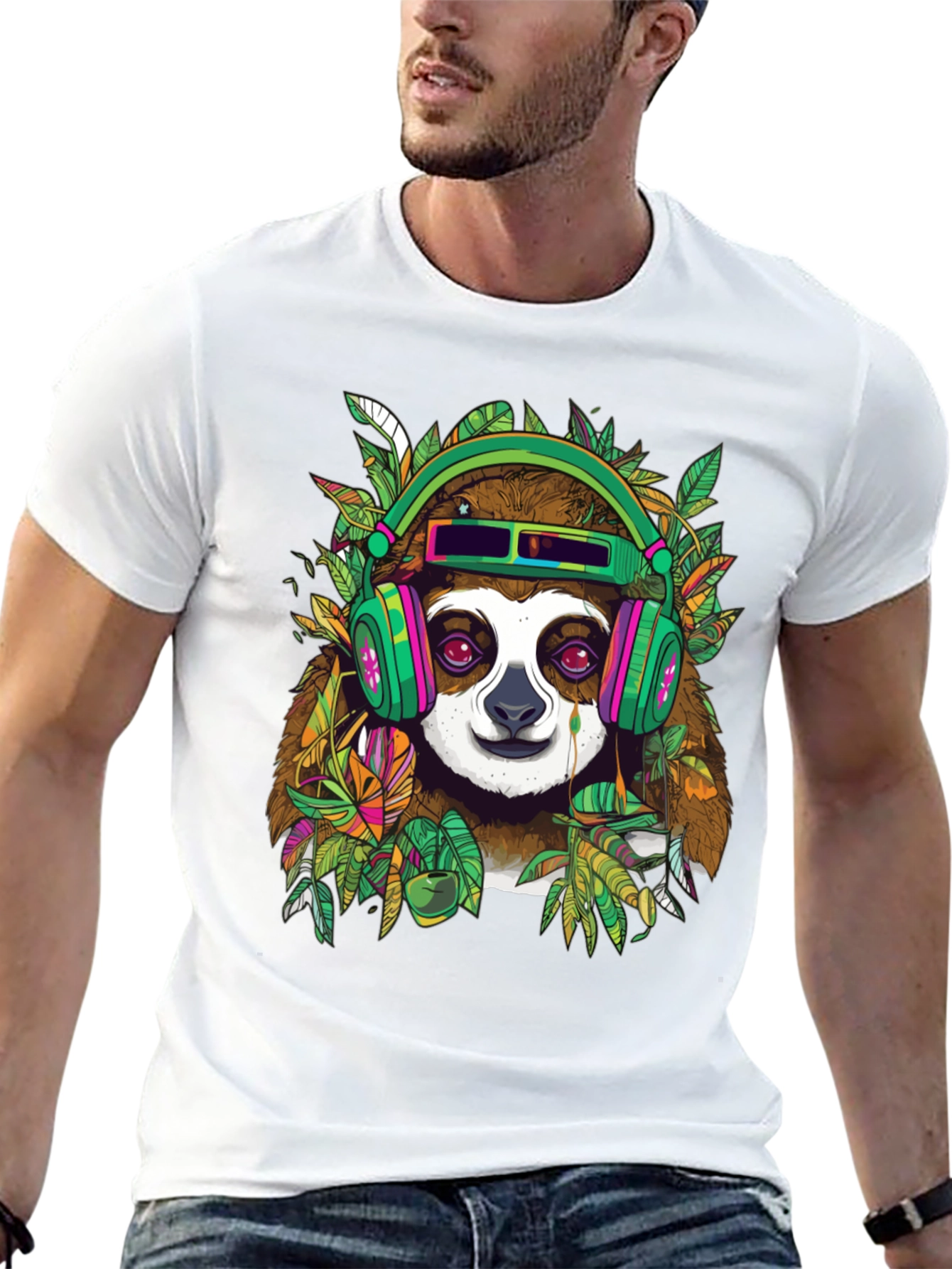 Black Sloth in Headphones Graphic Tee view 13