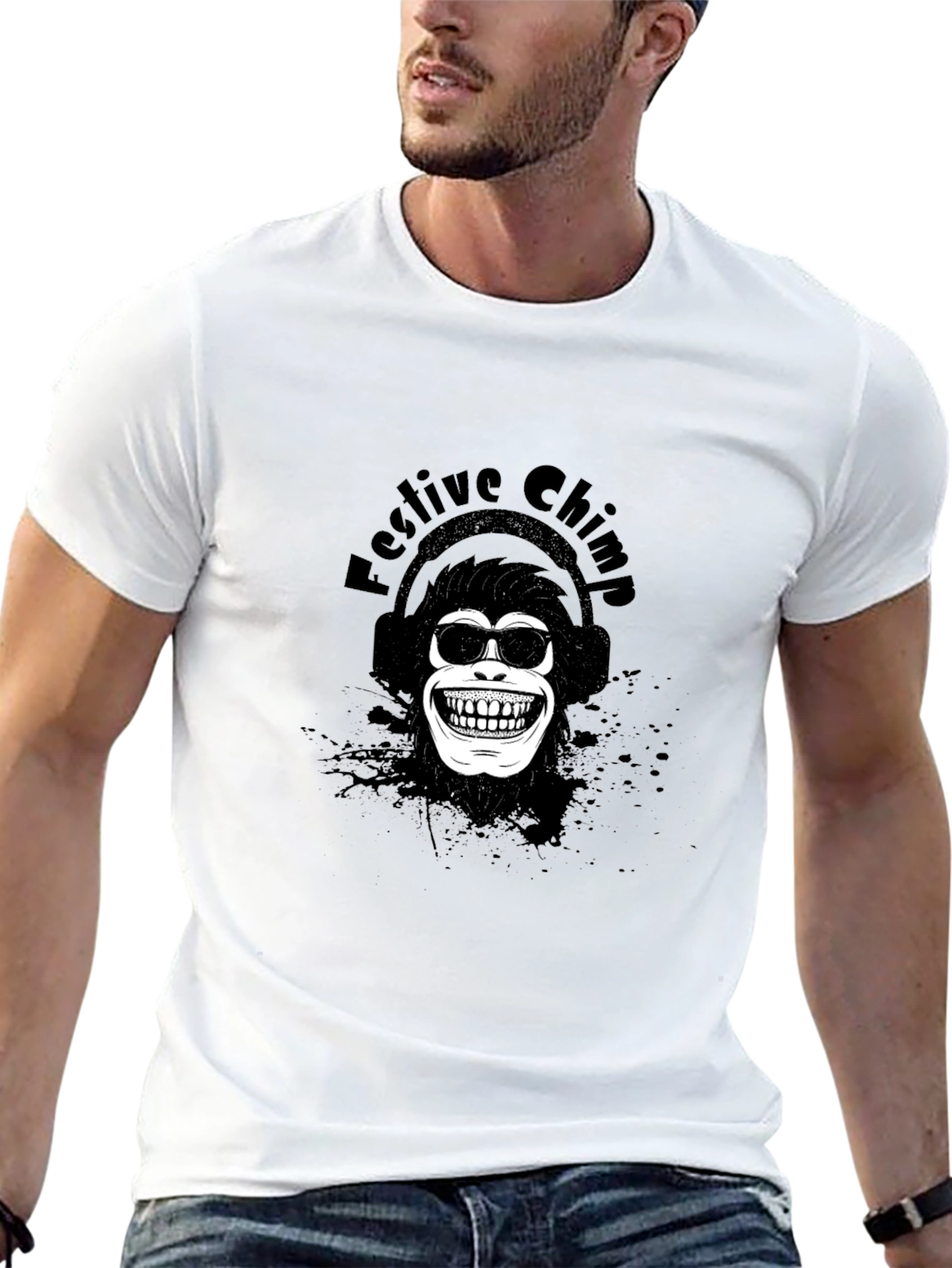 Black Festive Chimp Graphic Tee - Black Cotton T-Shirt view 13