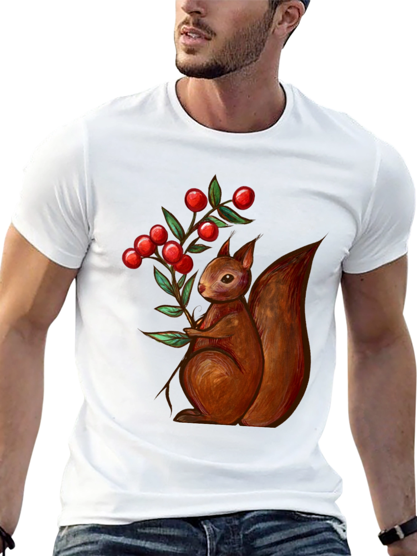 Black Squirrel & Berries Graphic Tee - Stylish Men's T-Shirt view 13