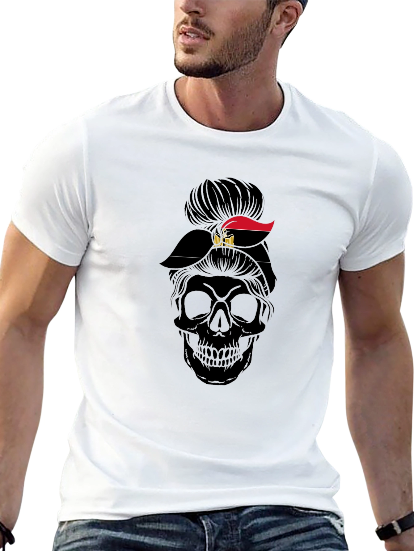 Black Skull Messy Bun Egypt Flag T-Shirt view 13