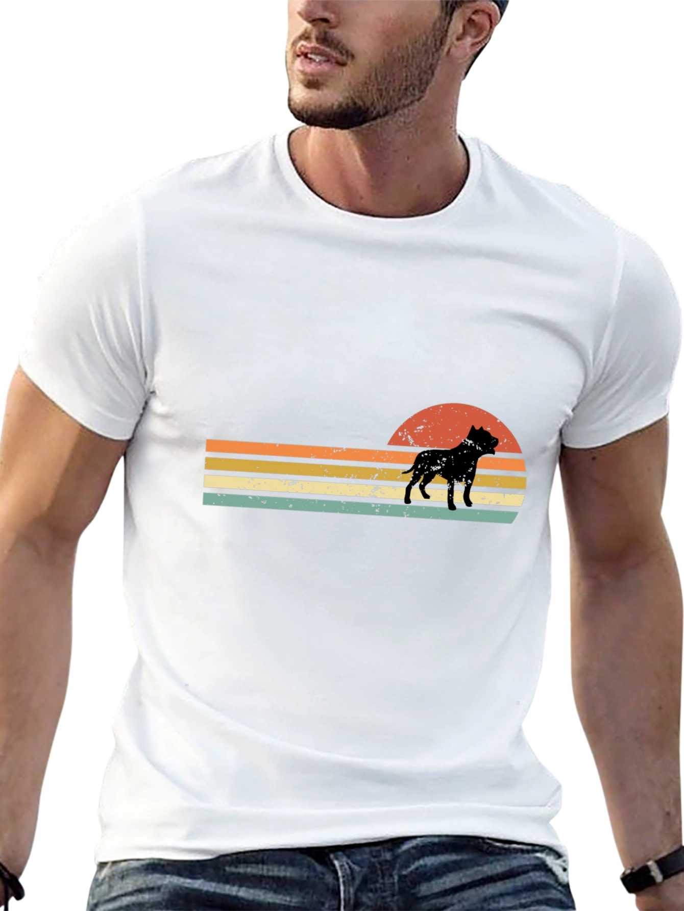 Black Retro Pitbull Sunset T-Shirt view 13