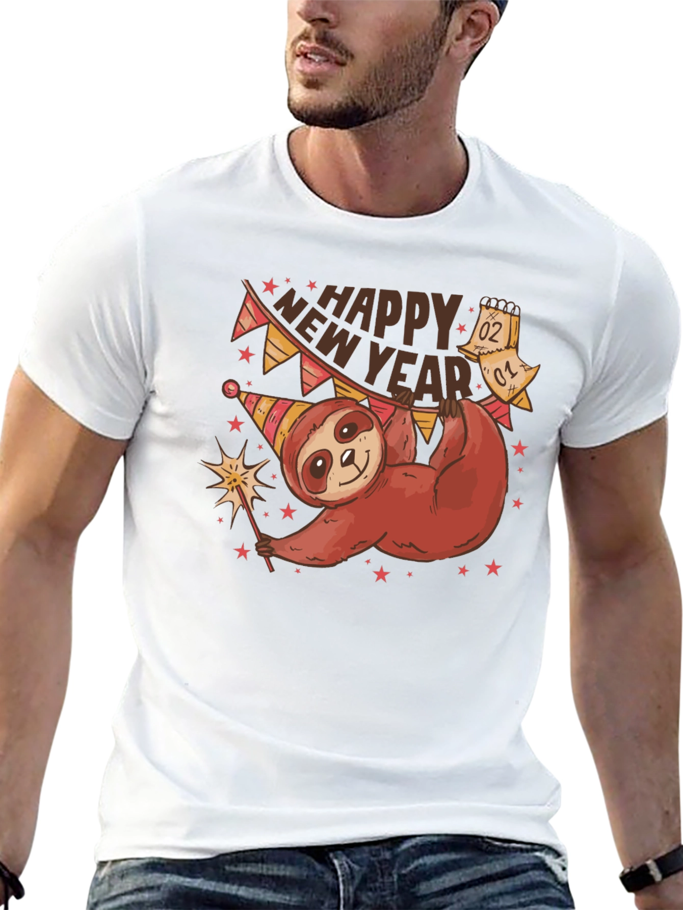 Black Happy New Year Sloth T-Shirt view 13