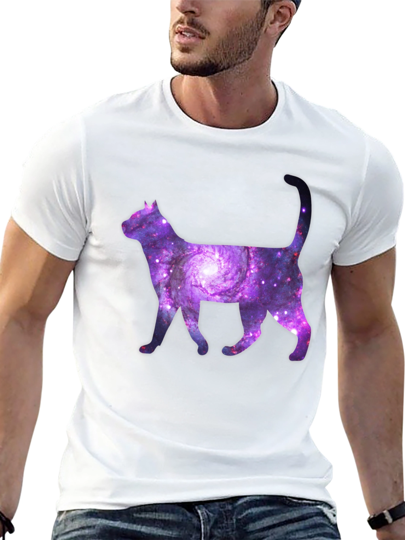 Black Galaxy Cat Graphic Tee - Trendy Space Design view 13