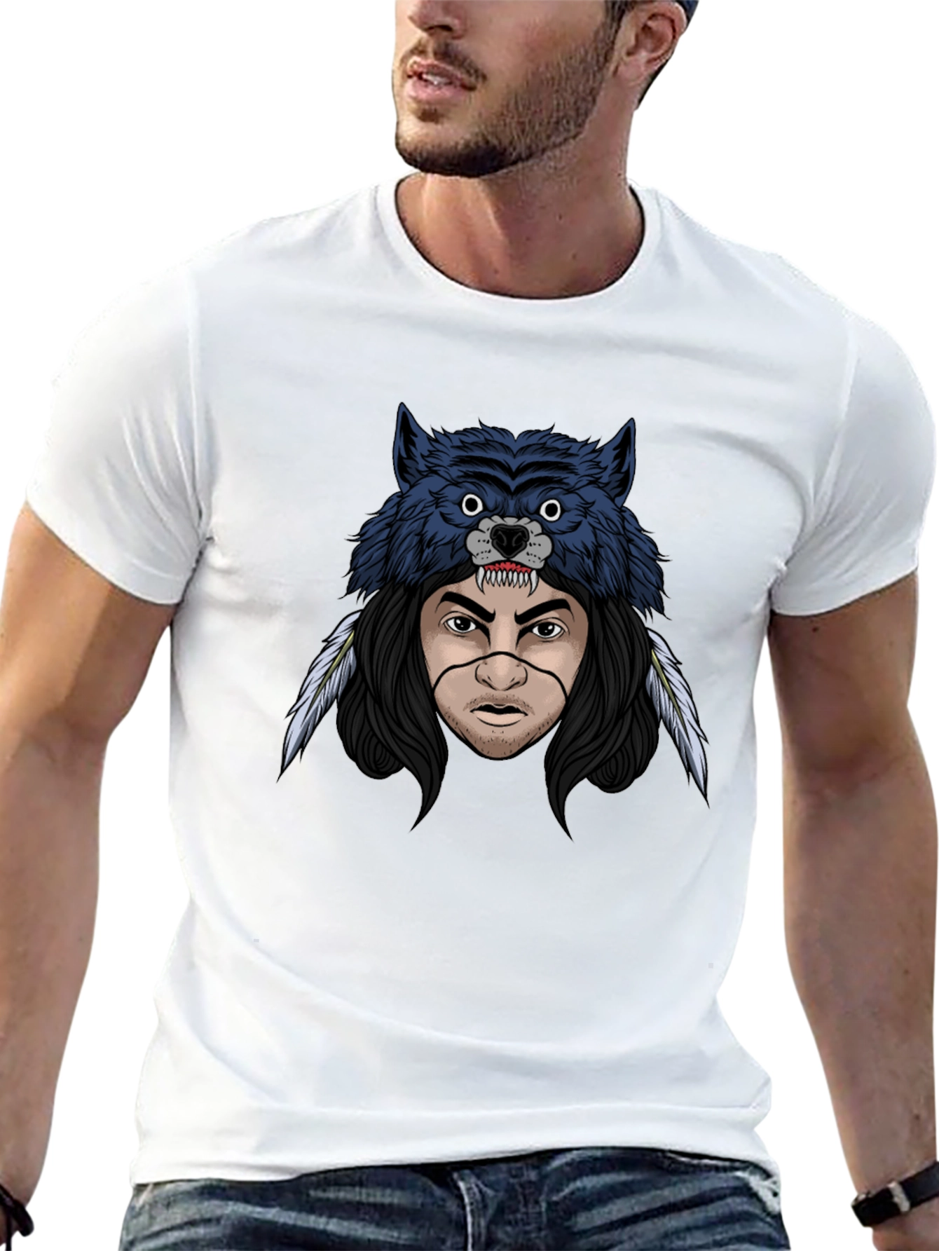 Black Wolf Headdress Graphic T-Shirt - Men's Black Tee view 13
