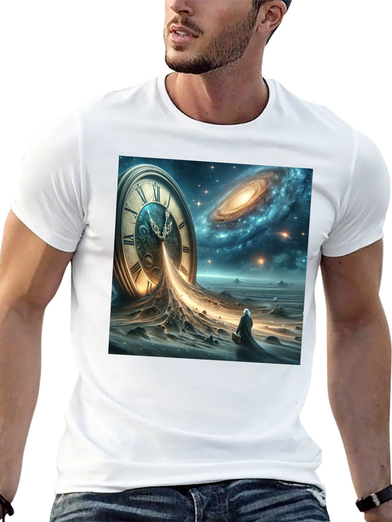 Black Time and Space Tee: Surreal Galaxy Clock Design view 13