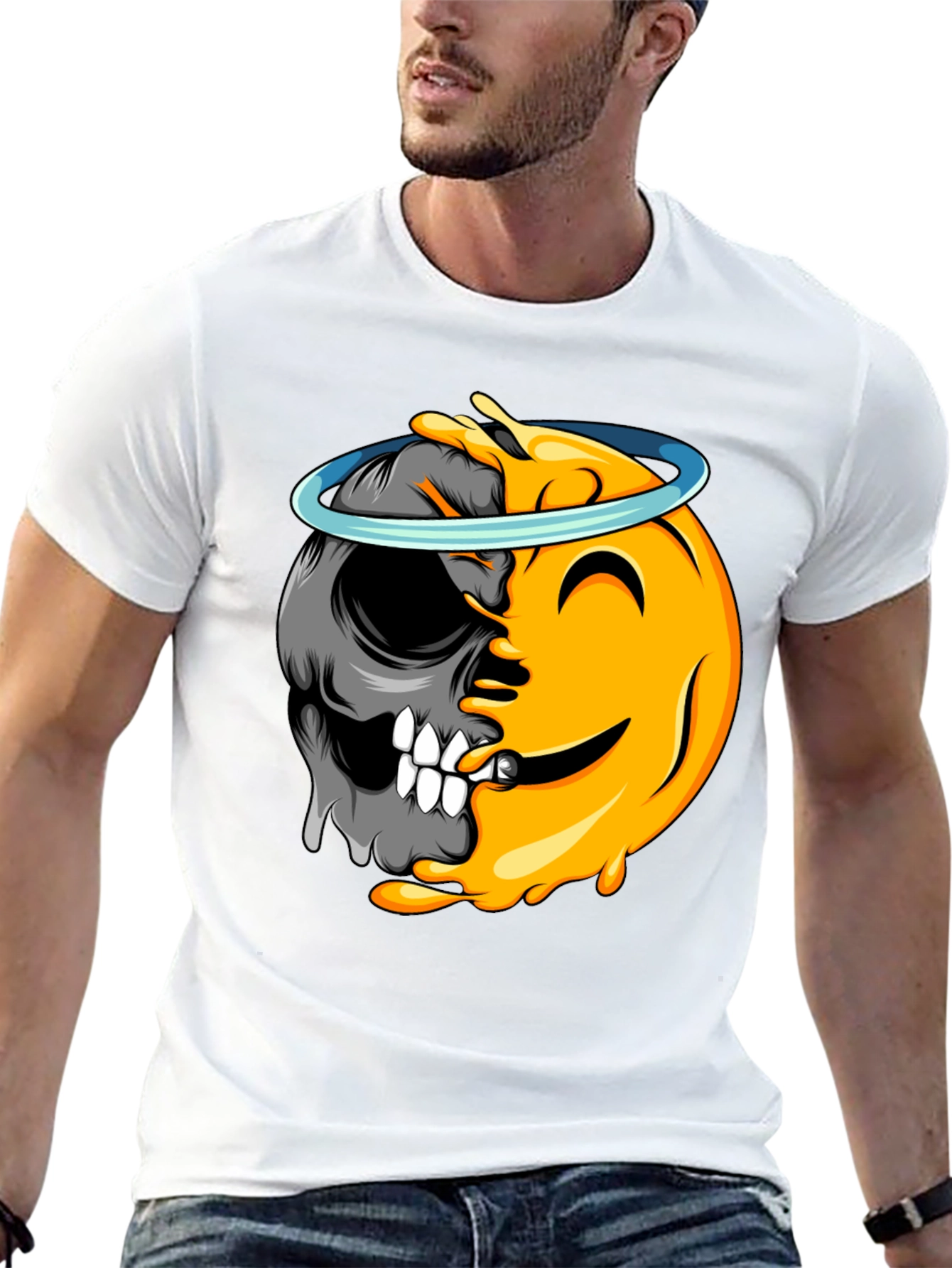 Black Emoji Half Skull Graphic Tee view 13