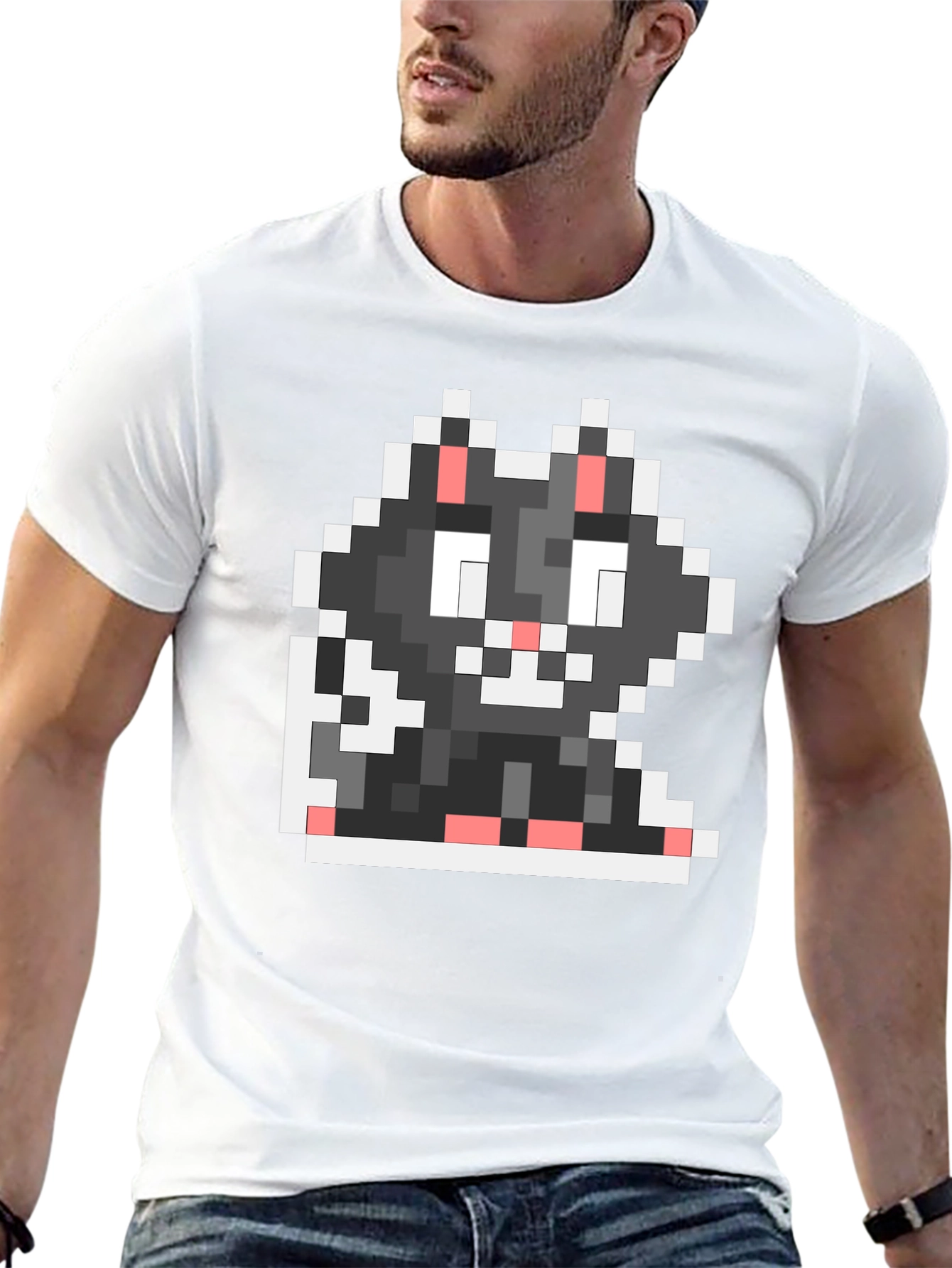 Black Pixel Cat Black T-Shirt view 13
