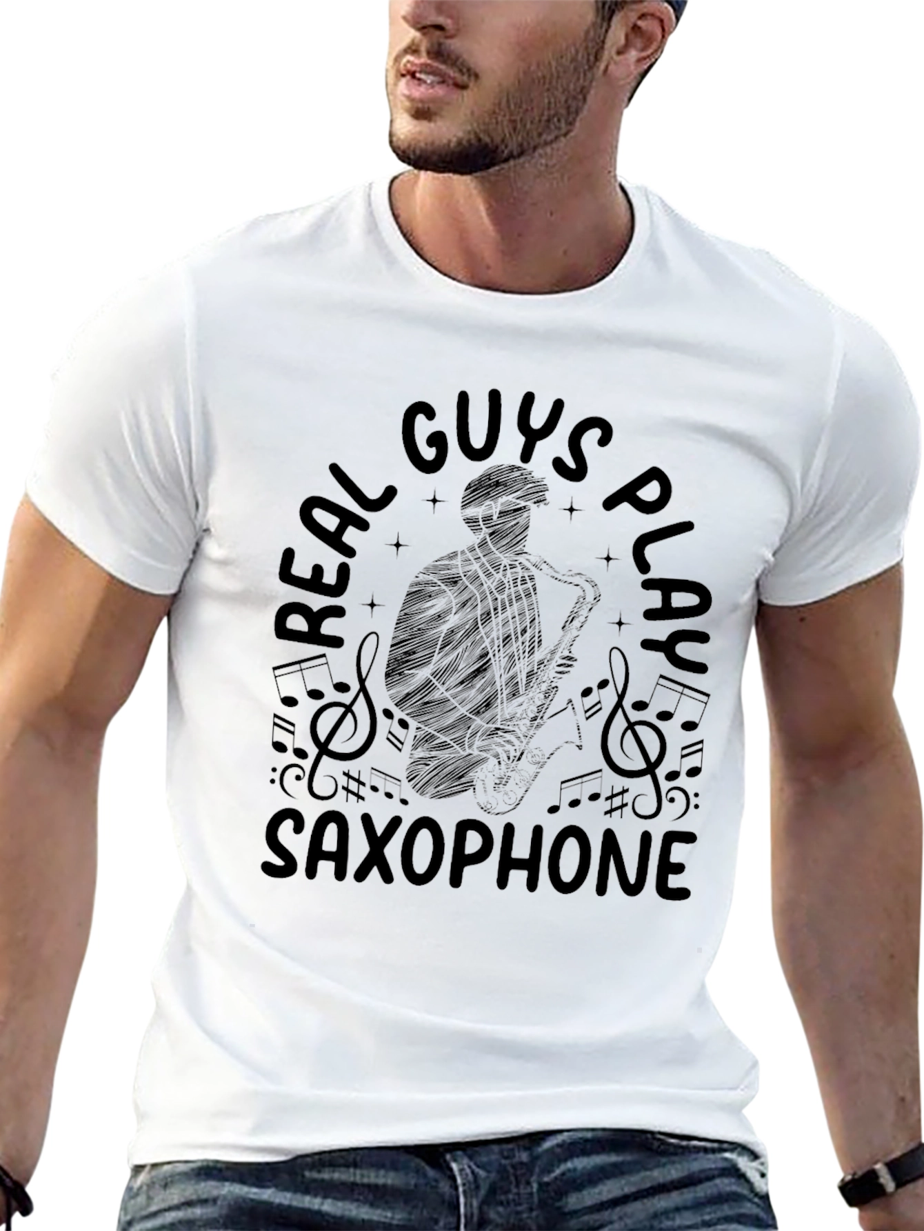 Black Real Guys Play Saxophone Black Graphic T-Shirt view 13