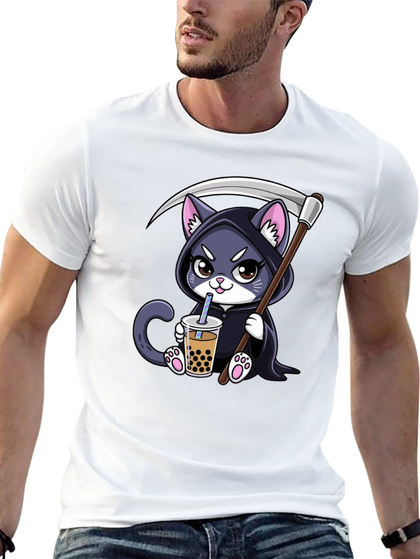 Black Grim Reaper Kitty Boba Tea T-Shirt view 13
