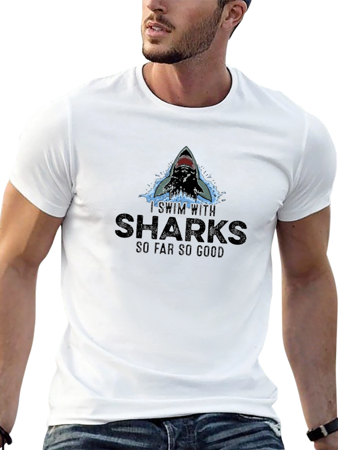 Black I Swim With Sharks Funny Graphic T-Shirt view 13