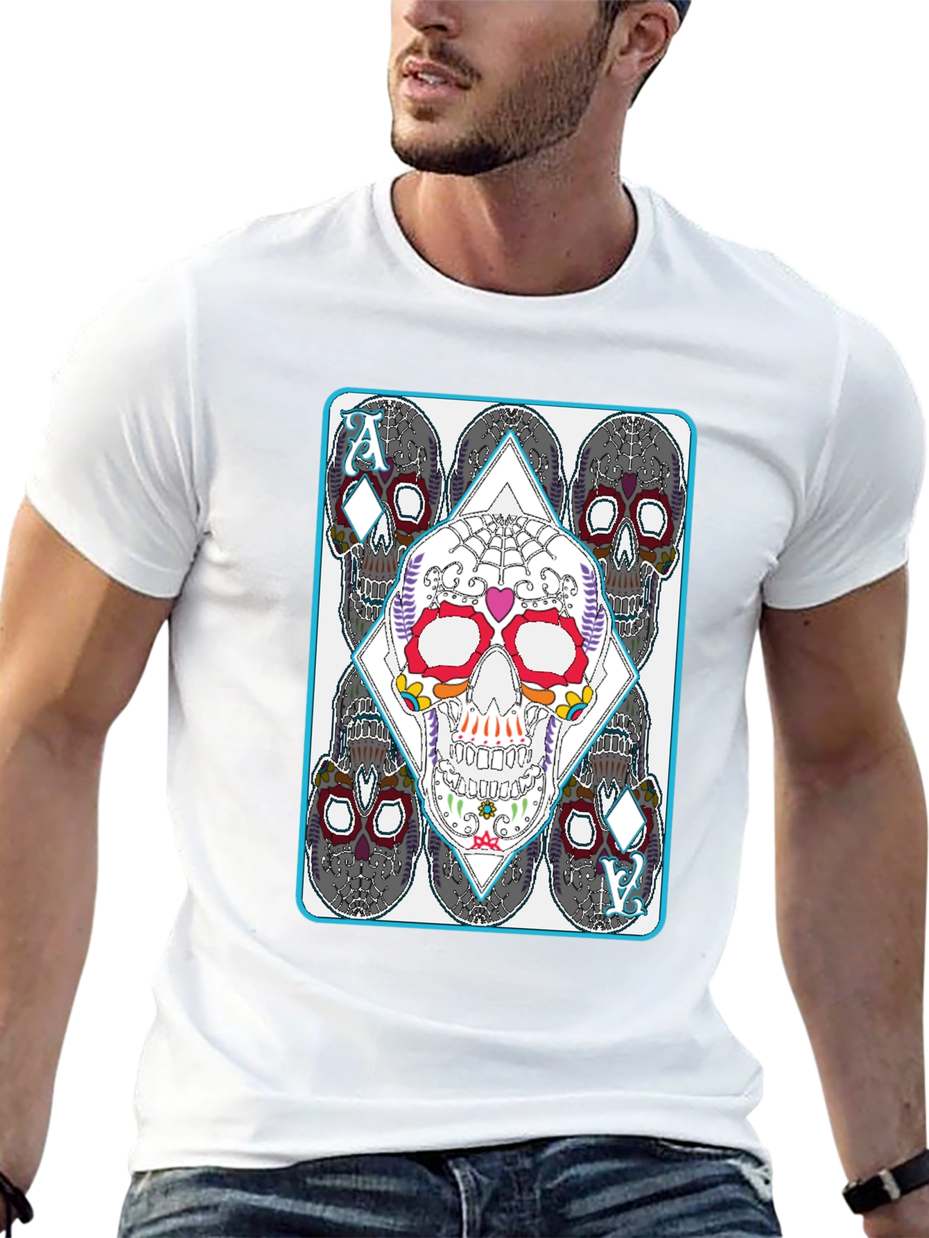 Black Sugar Skull Ace of Diamonds Graphic T-Shirt view 13
