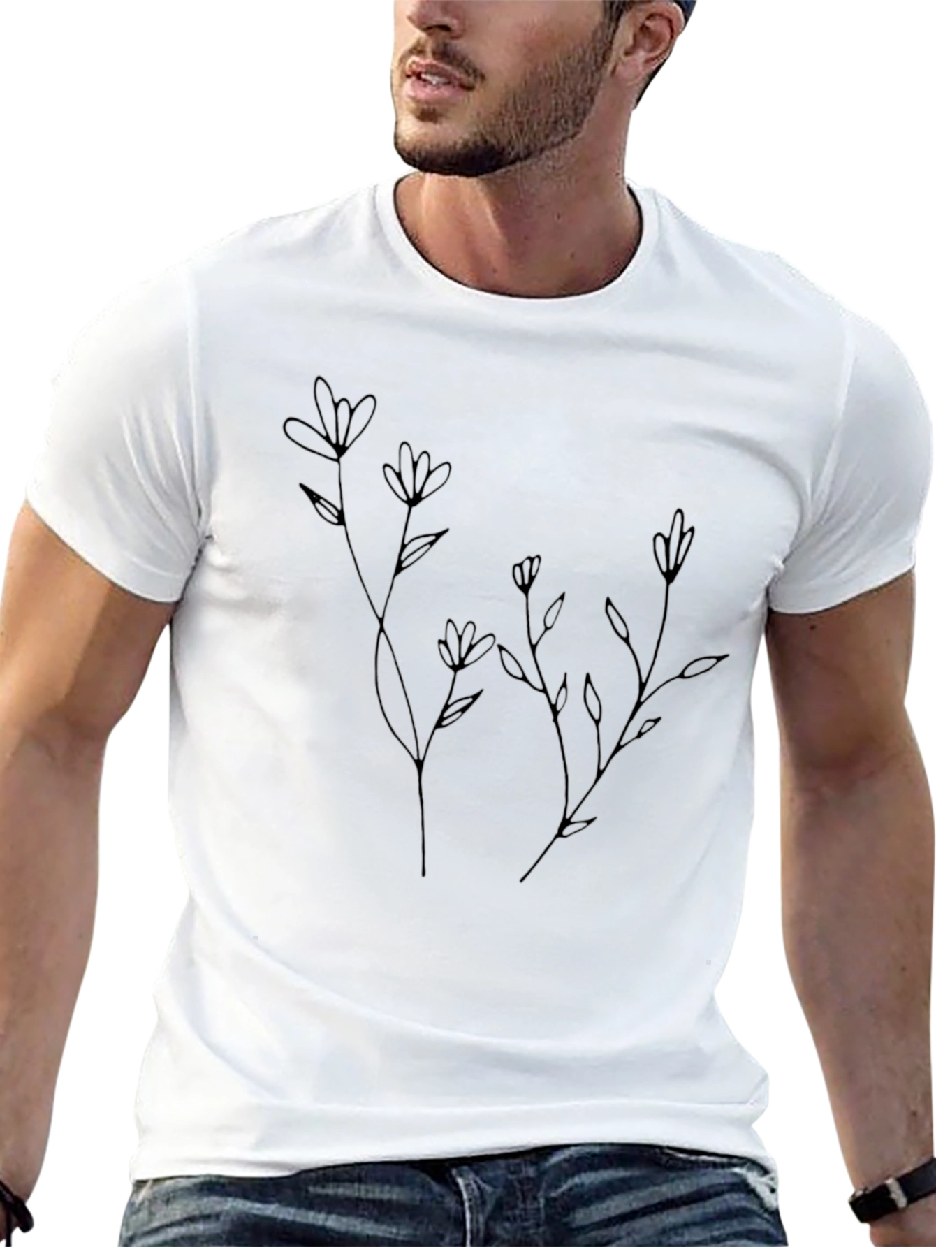 Black Minimalist Flower Line Art Black T-Shirt view 13