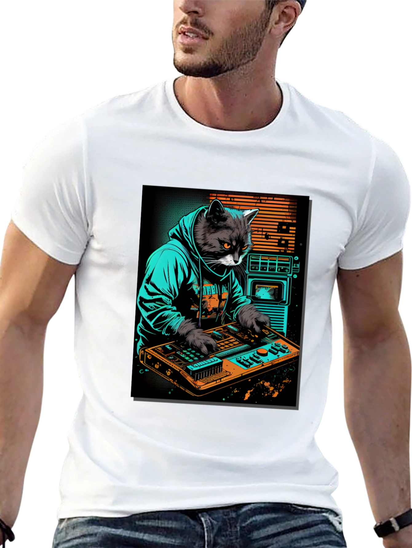 Black Cat DJ Graphic Tee - Cool Black T-Shirt view 13