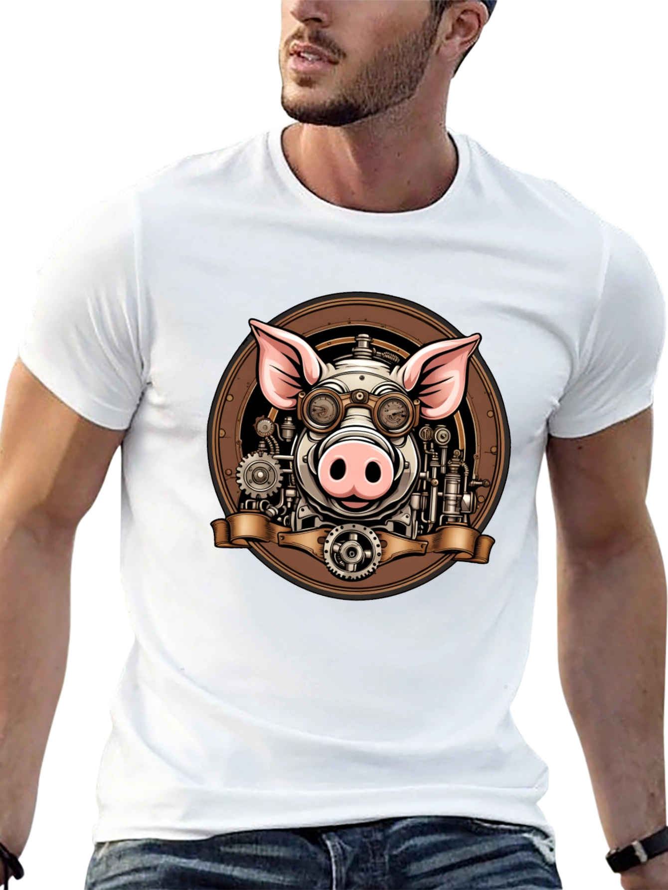 Black Steampunk Pig Graphic Tee - Unique Design view 13