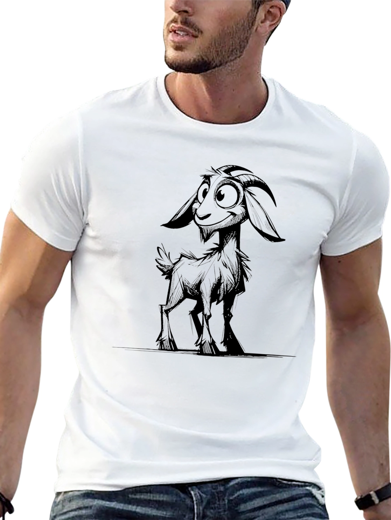 Black Cartoon Goat Graphic Tee - Black Cotton Blend view 13