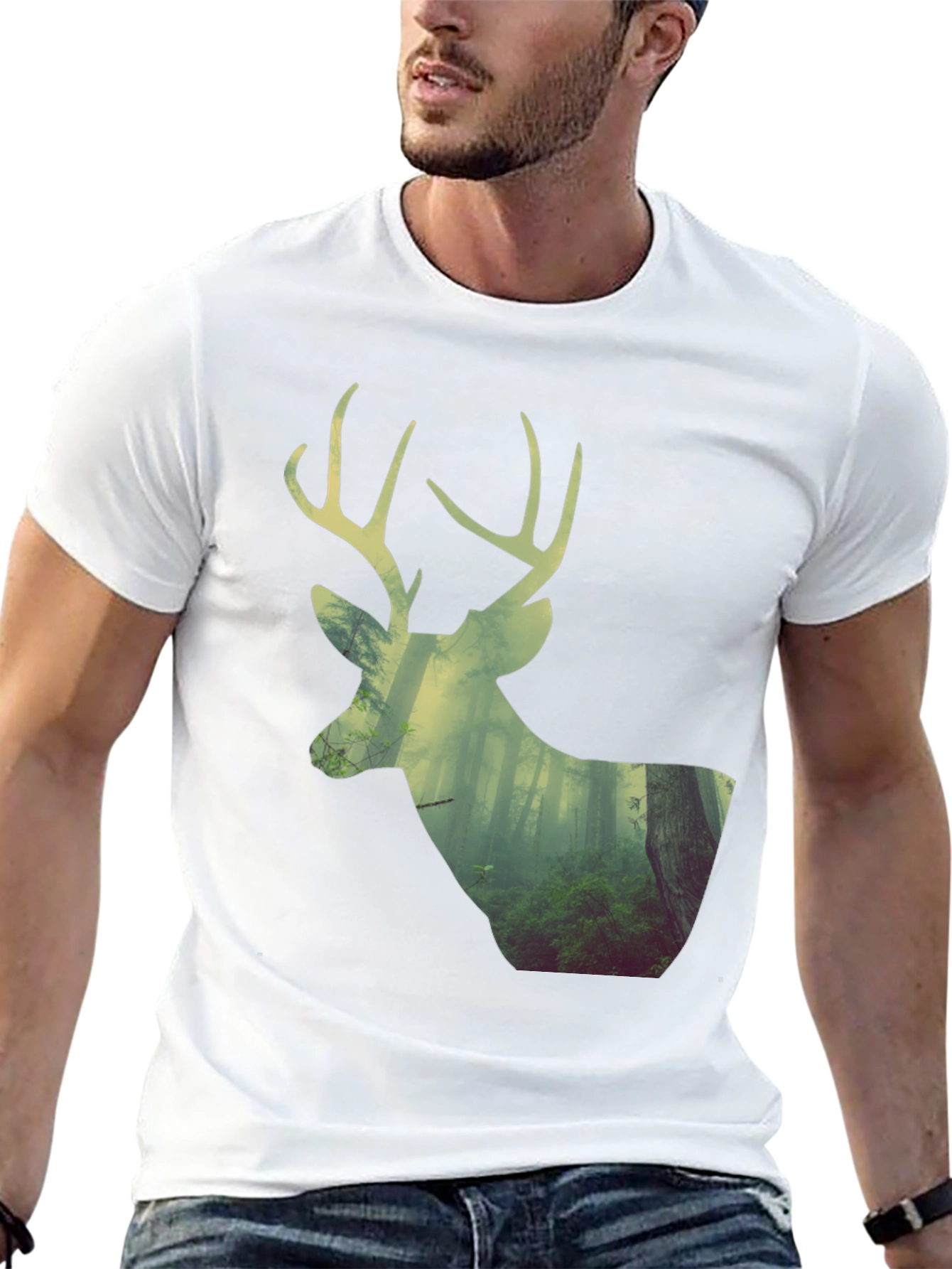 Black Deer Forest Graphic Print Black T-Shirt view 13