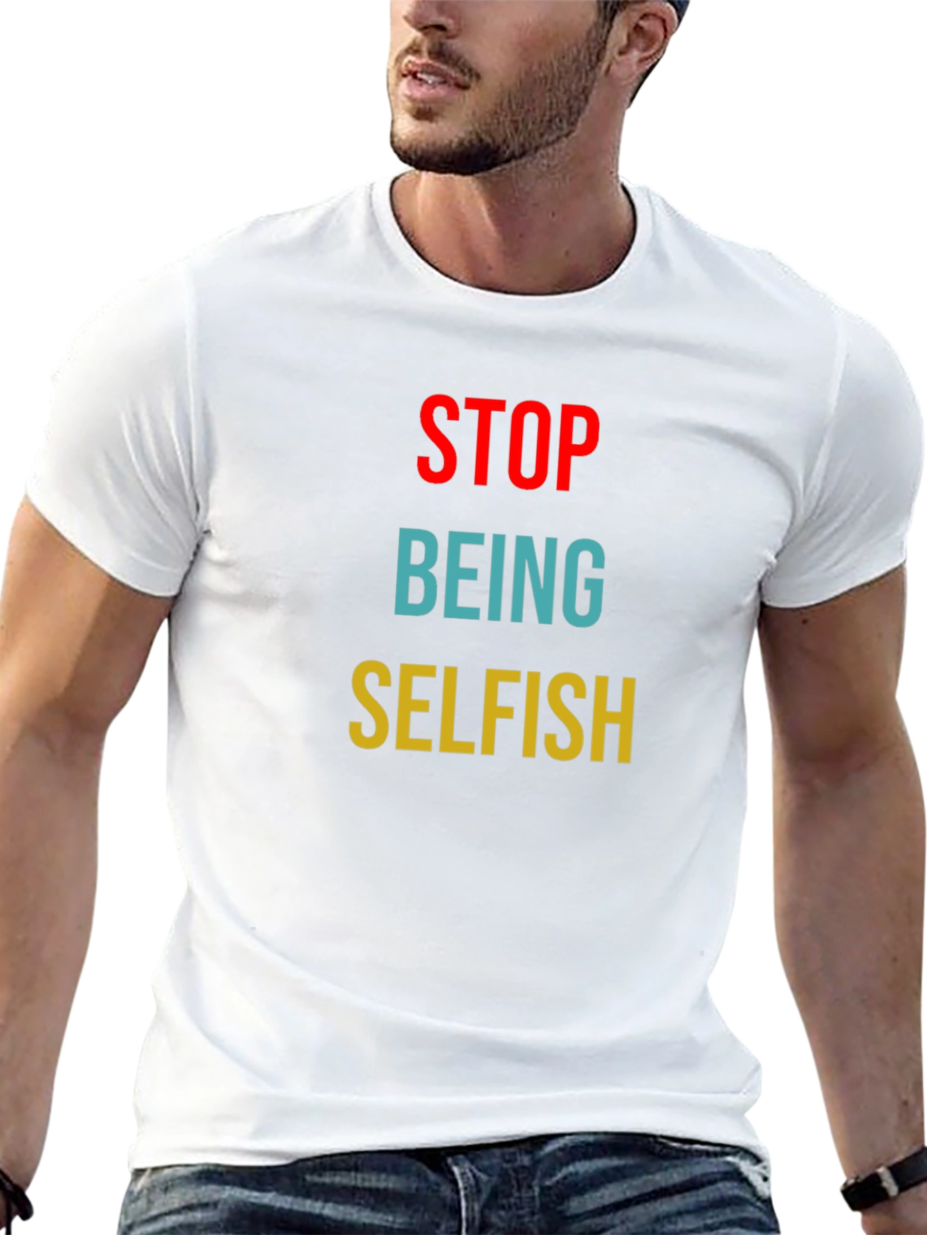 Black Stop Being Selfish Graphic Tee - Unisex Black T-Shirt view 13