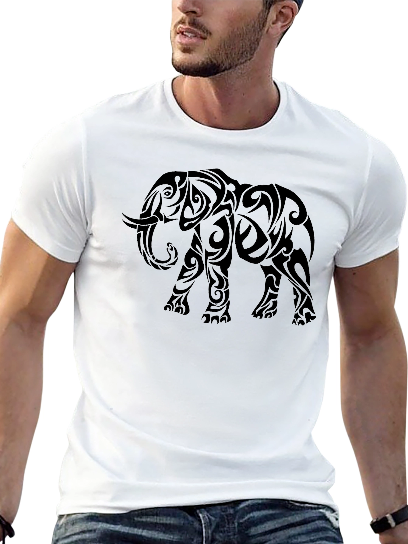 Black Tribal Elephant Graphic Print Black T-Shirt view 13