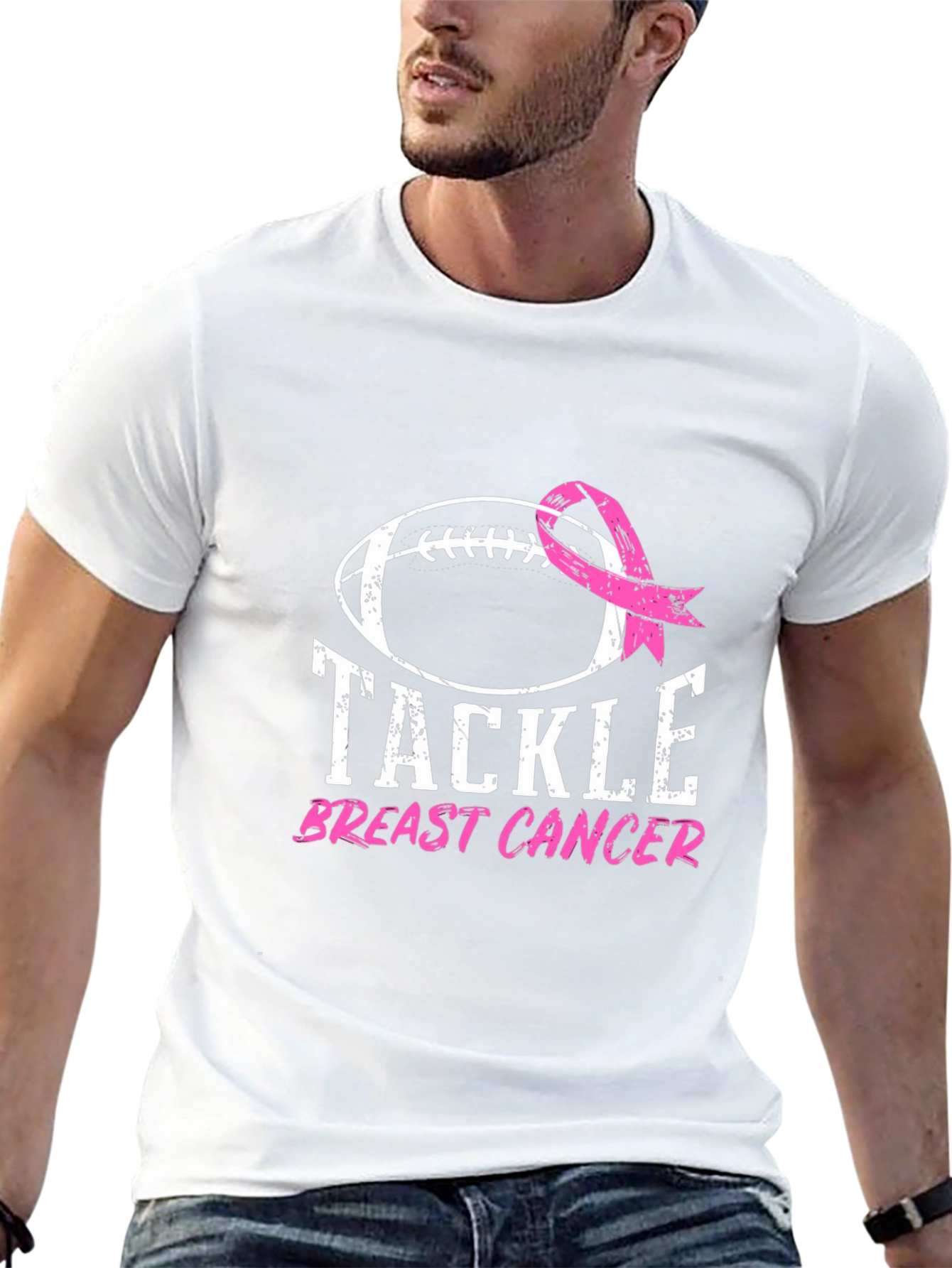 Black Tackle Breast Cancer Football Ribbon Awareness T-Shirt view 13
