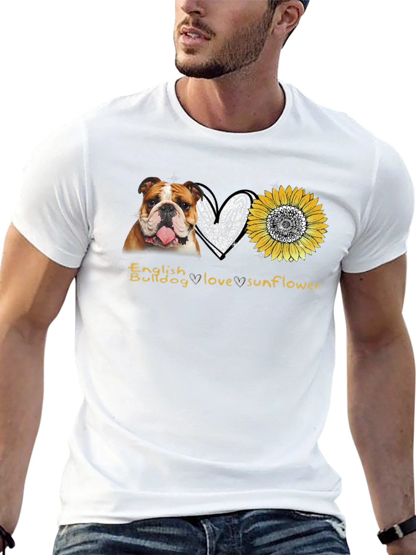 Black English Bulldog Love Sunflower Graphic T-Shirt view 13