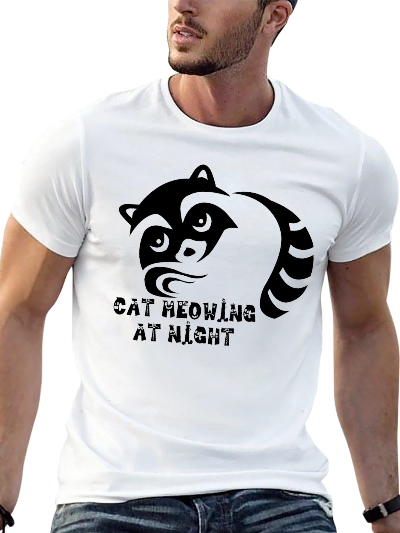 Black Raccoon Graphic T-Shirt - Cat Meowing At Night Tee view 13