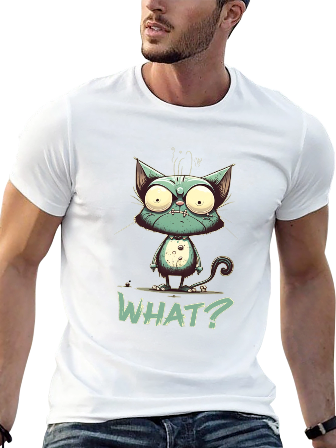 Black Cartoon Cat "WHAT?" Graphic Tee - Unisex view 13