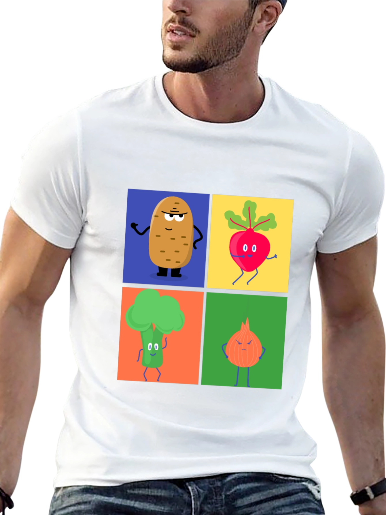 Black Veggie Cartoon T-Shirt: Potato, Beet, Broccoli, Onion view 13