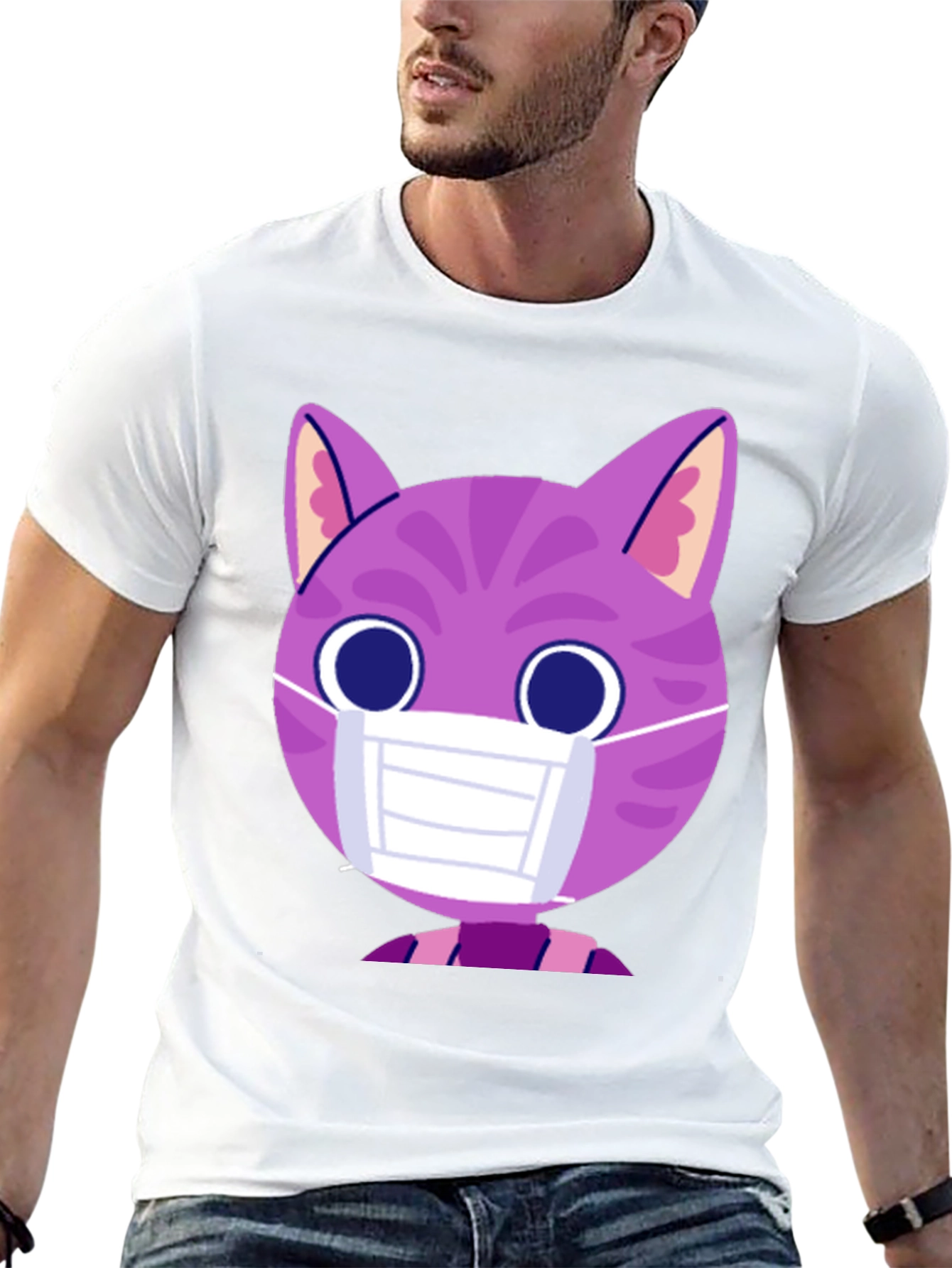 Black Cute Cat in Mask Graphic Tee - Unisex Black T-Shirt view 13