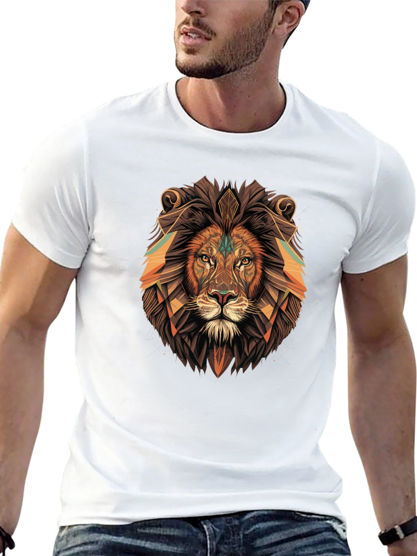 Black Geometric Lion Graphic Tee - Black Cotton Blend view 13