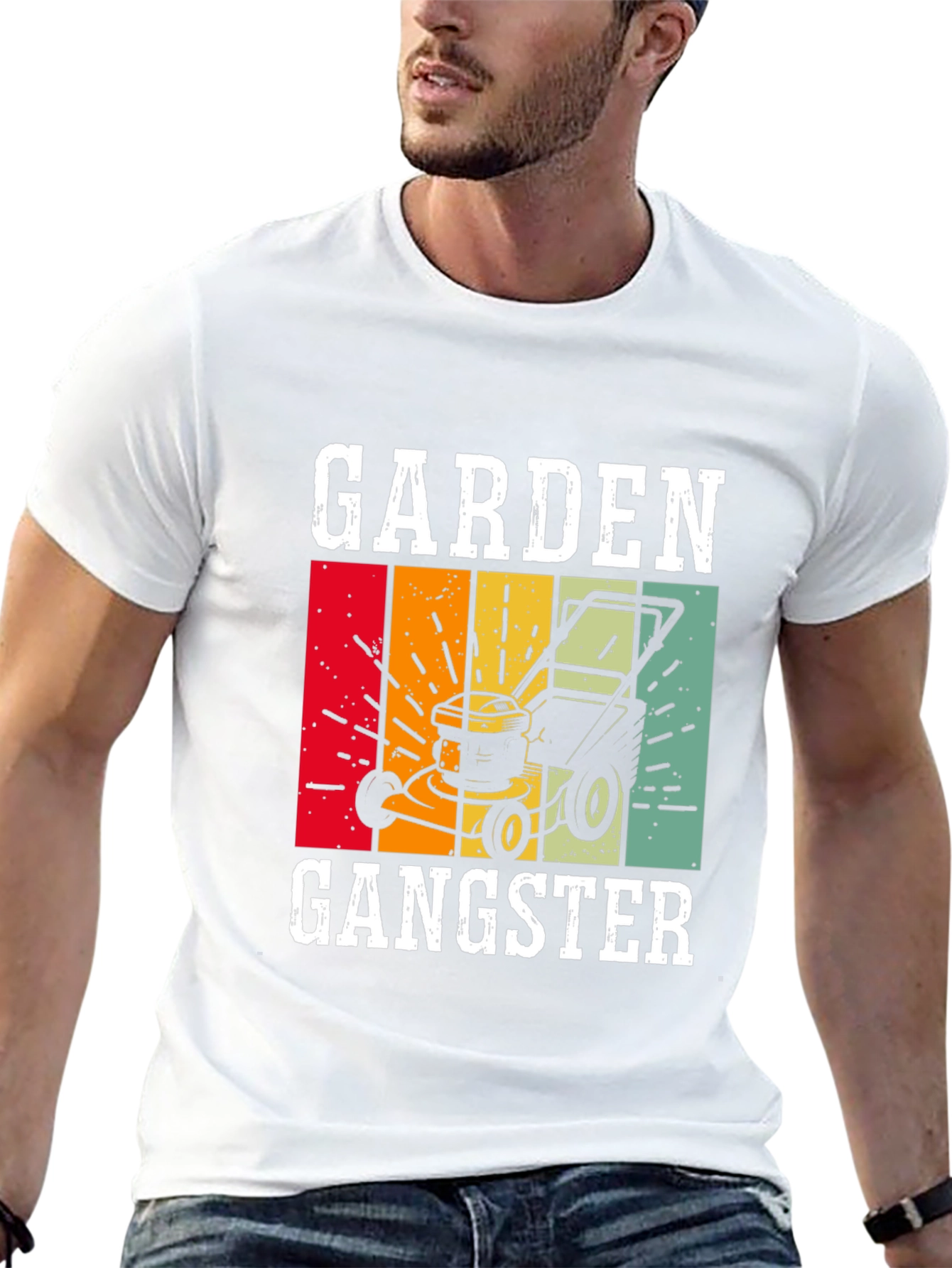 Black Garden Gangster Graphic T-Shirt - Retro Lawn Mower Design view 13