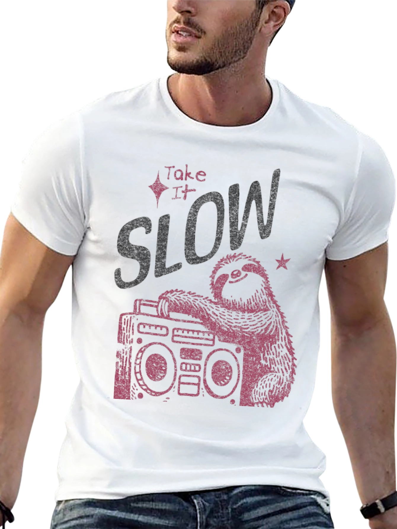 Black Take It Slow Sloth Boombox Graphic Tee view 13