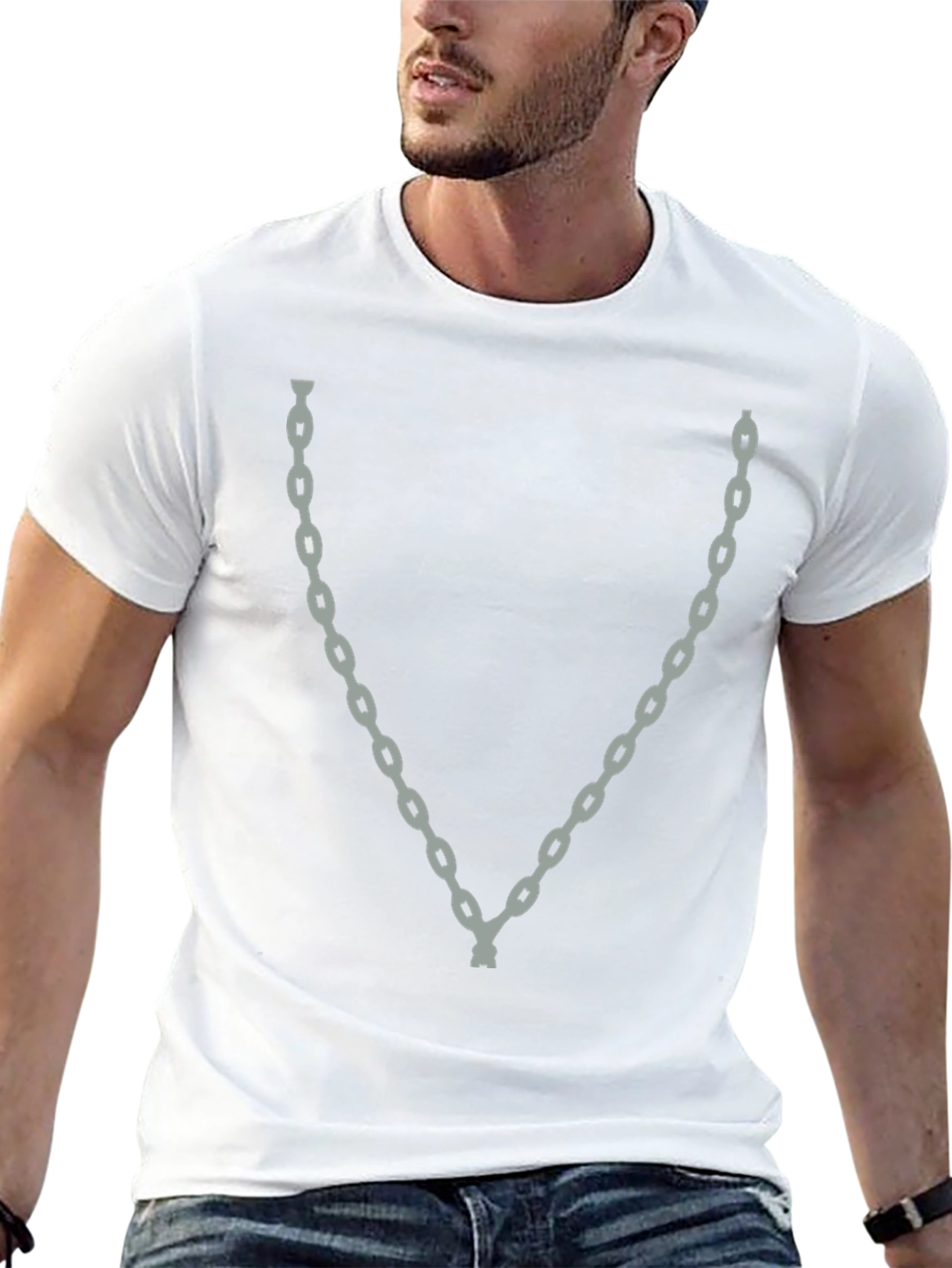 Black Men's Black Graphic T-Shirt with Chain Print view 13