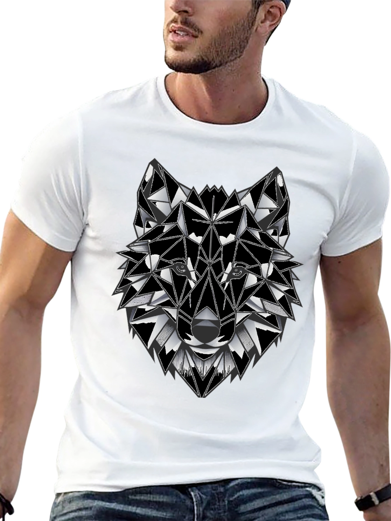 Black Geometric Wolf Graphic Tee - Stylish Men's T-Shirt view 13