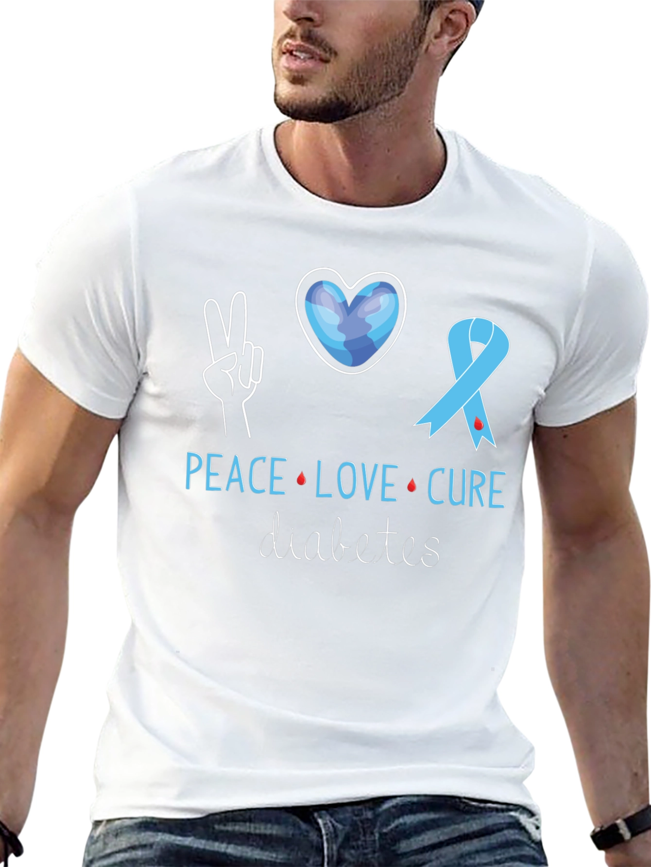 Black Peace Love Cure Diabetes Awareness T-Shirt view 13