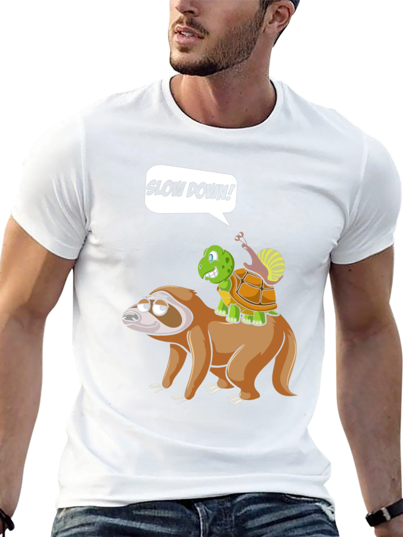 Black Funny Slow Down Sloth, Turtle, and Snail T-Shirt view 13