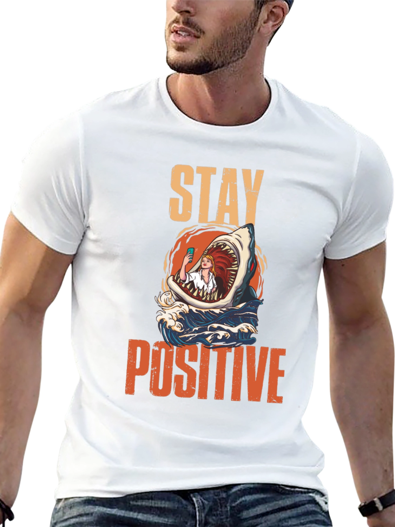 Black Stay Positive Shark Selfie Graphic Tee view 13