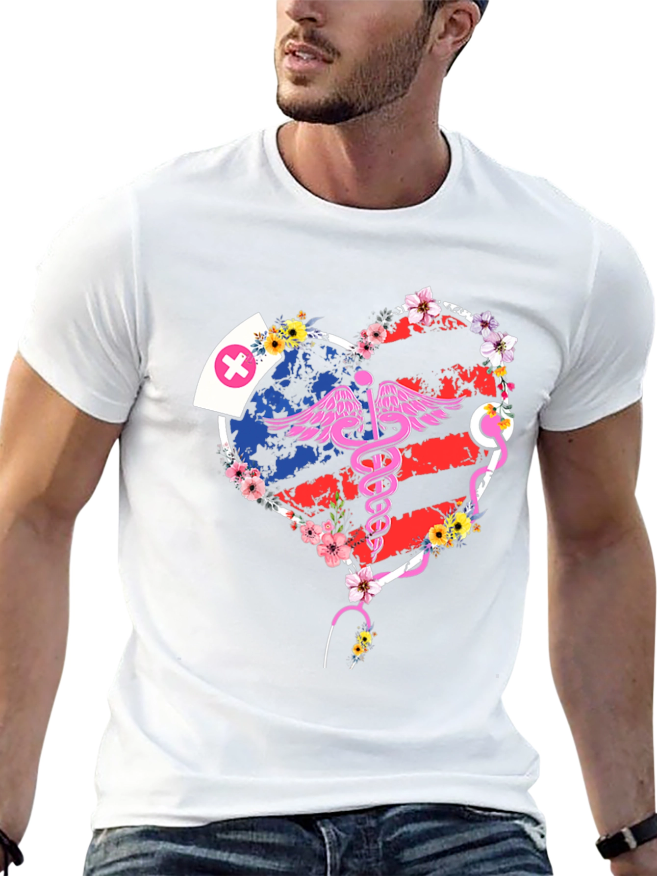 Black Nurse American Flag Heart T-Shirt view 13
