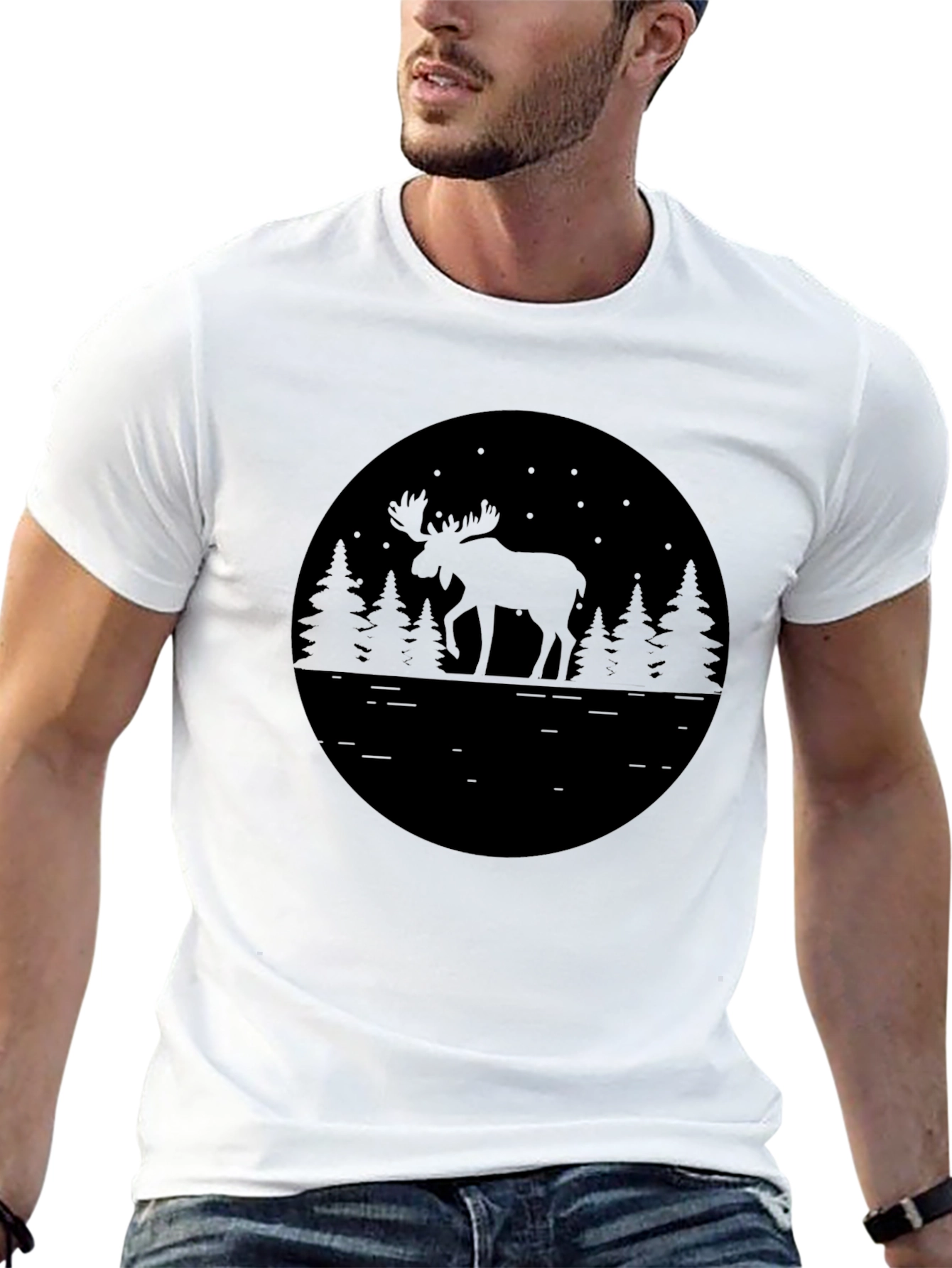 Black Moose in Forest Graphic Tee - Stylish Nature Lover T-Shirt view 13