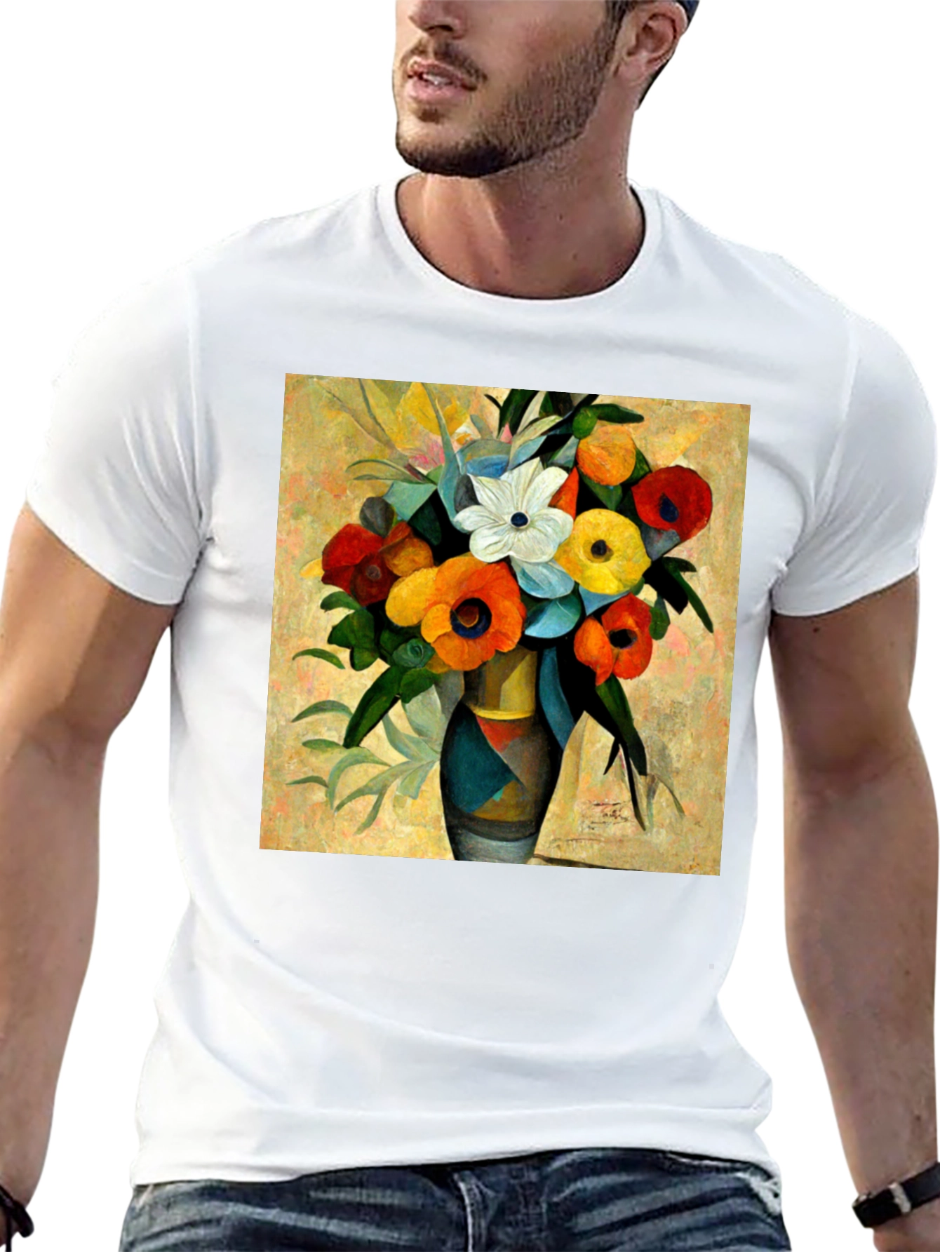 Black Floral Vase Print Black T-Shirt view 13
