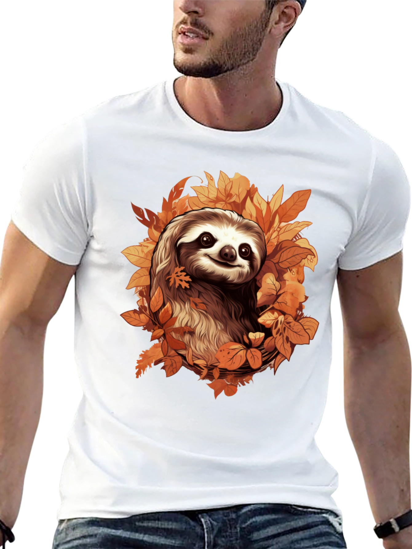 Black Sloth in Autumn Leaves Graphic T-Shirt view 13