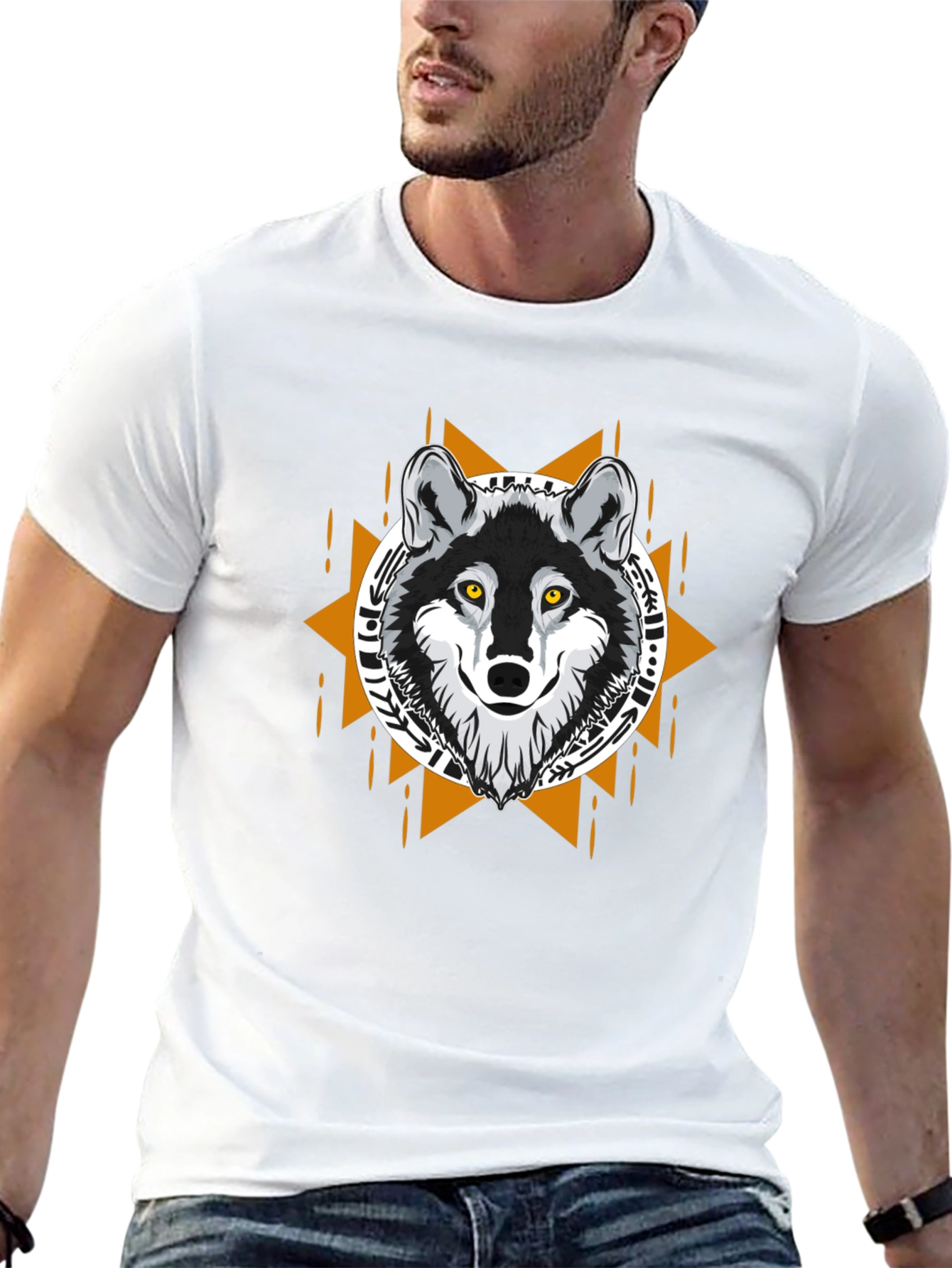 Black Wolf Graphic Tee - Tribal Design Black T-Shirt view 13