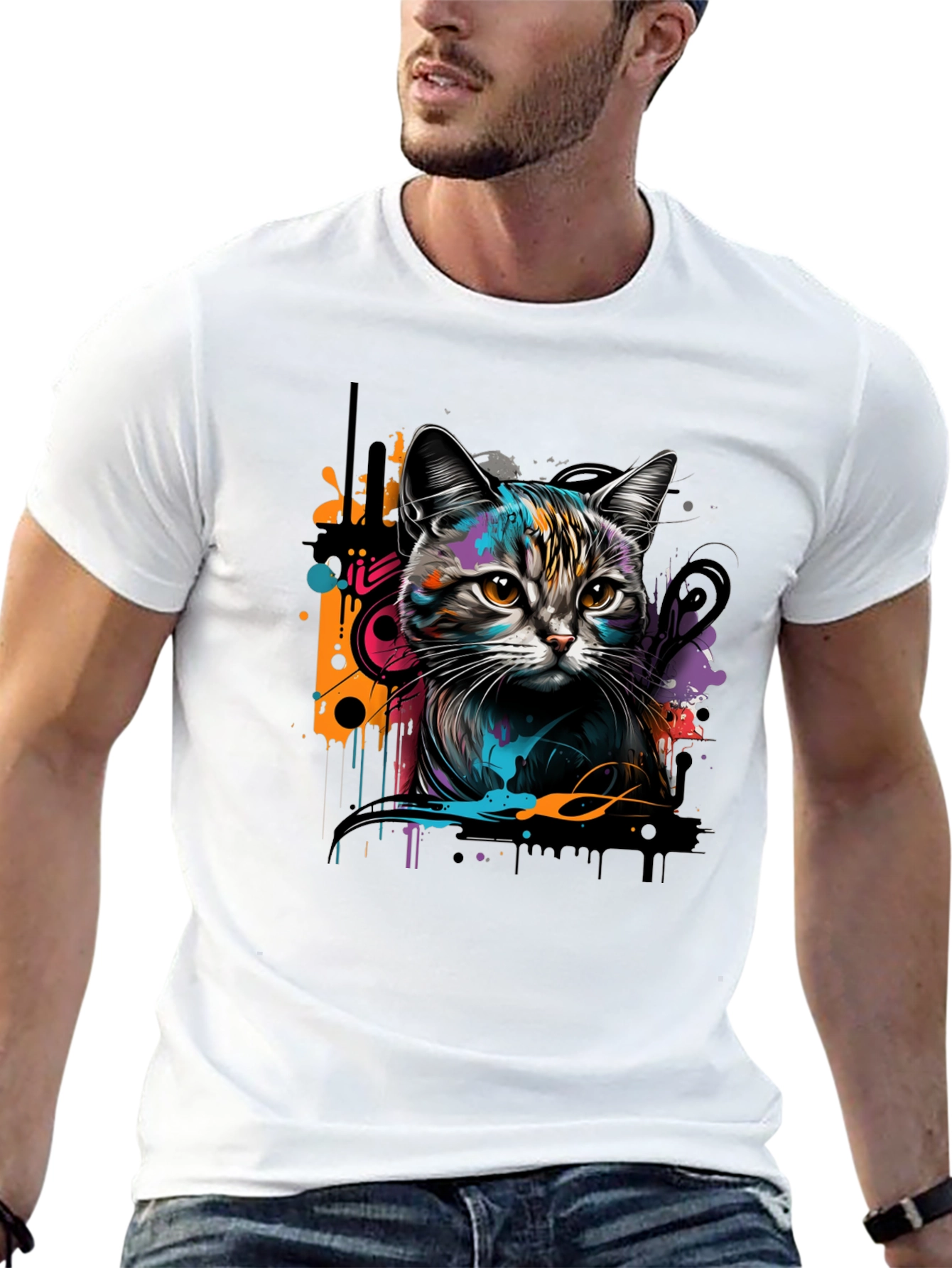 Black Cool Cat Graphic Print Black T-Shirt view 13