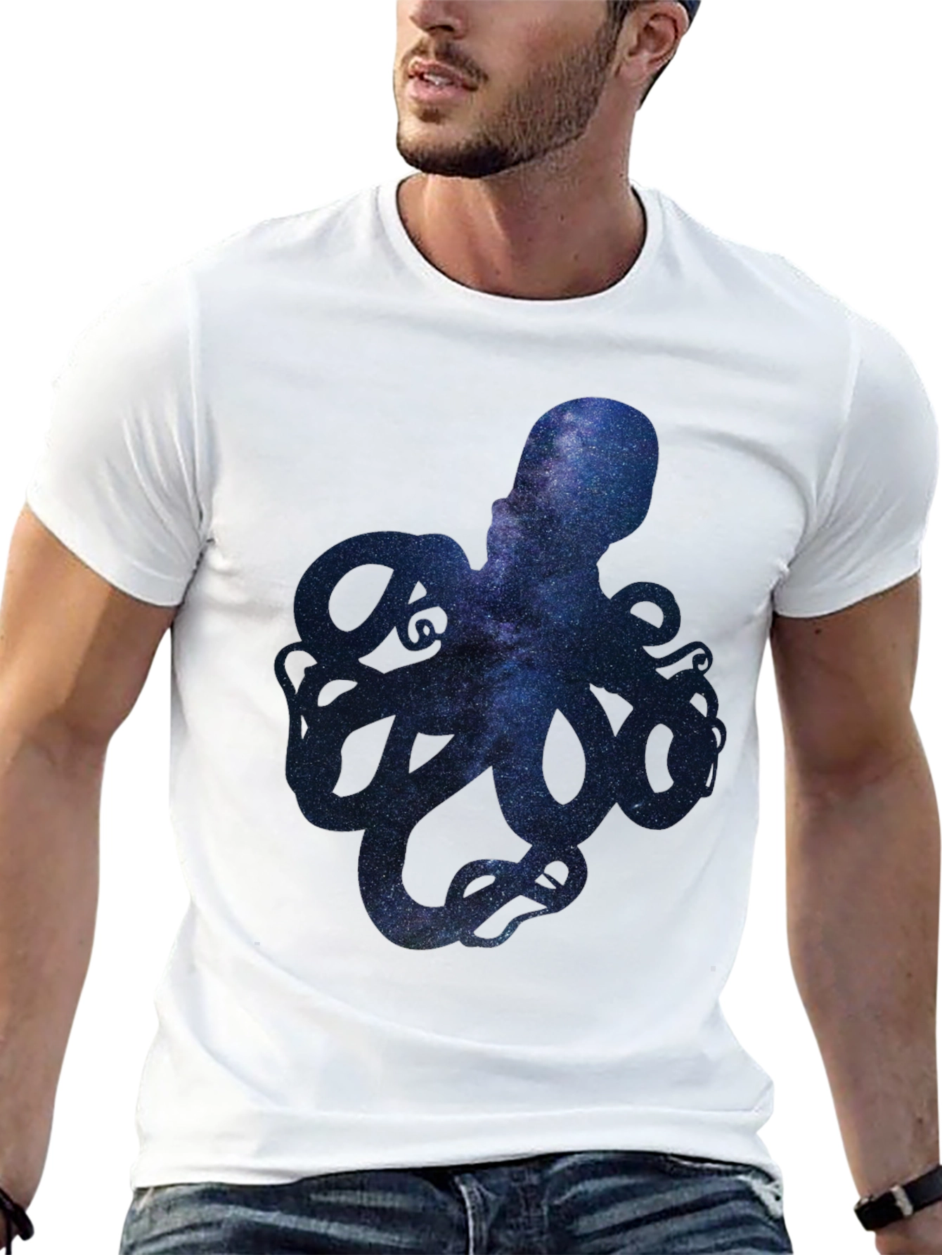 Black Galaxy Octopus Graphic Print Men's T-Shirt view 13