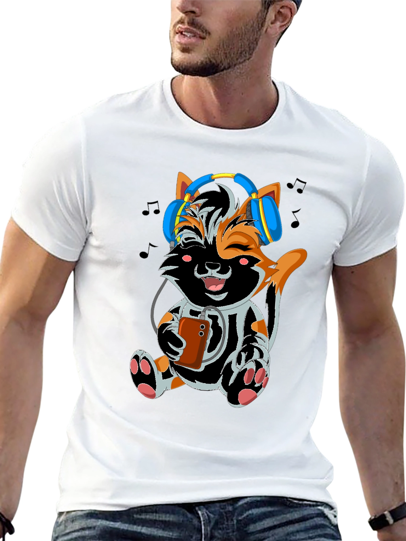 Black Cute Cat with Headphones Black T-shirt view 13