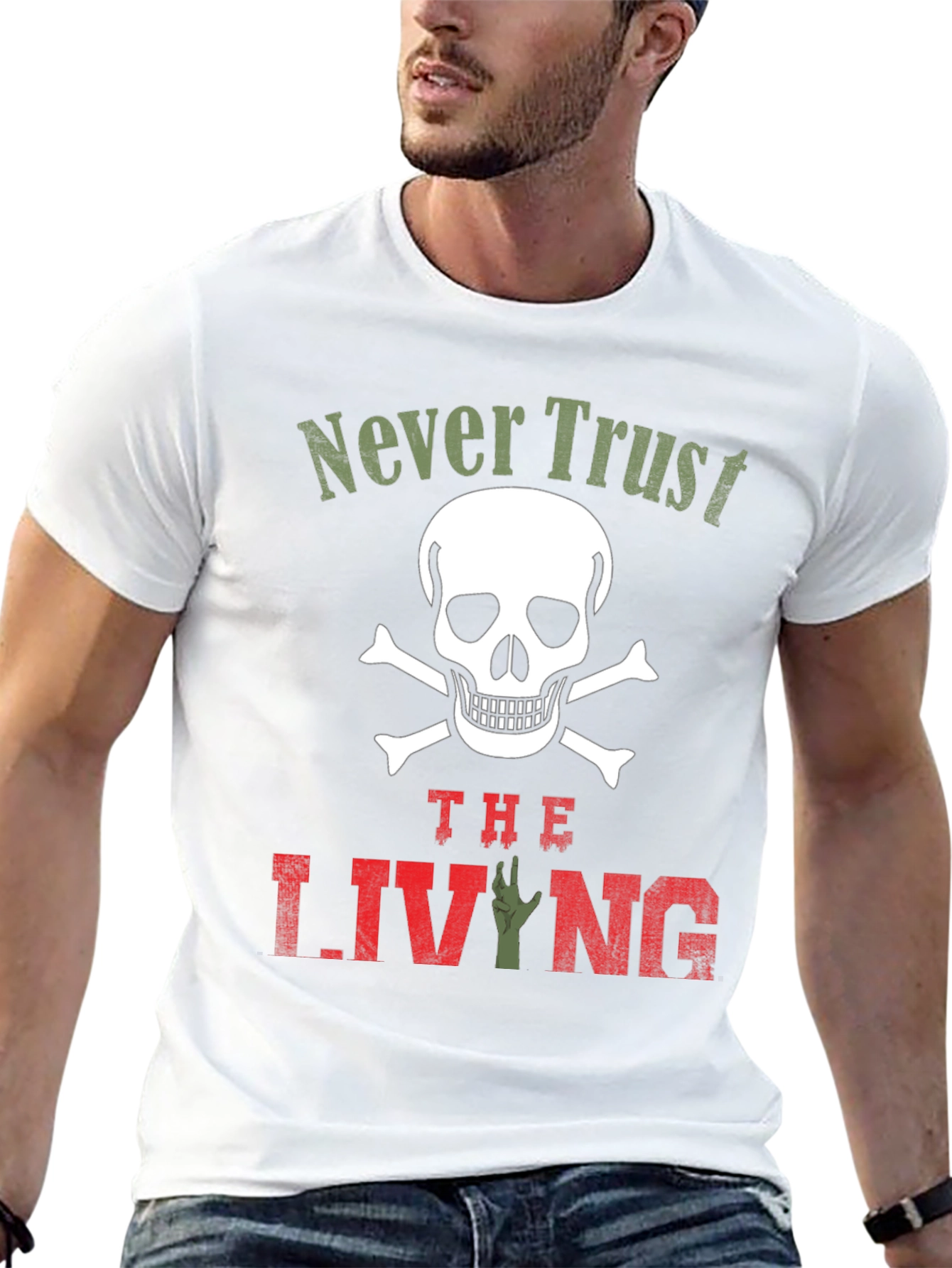 Black Never Trust the Living T-Shirt - Skull & Zombie Hand Design view 13