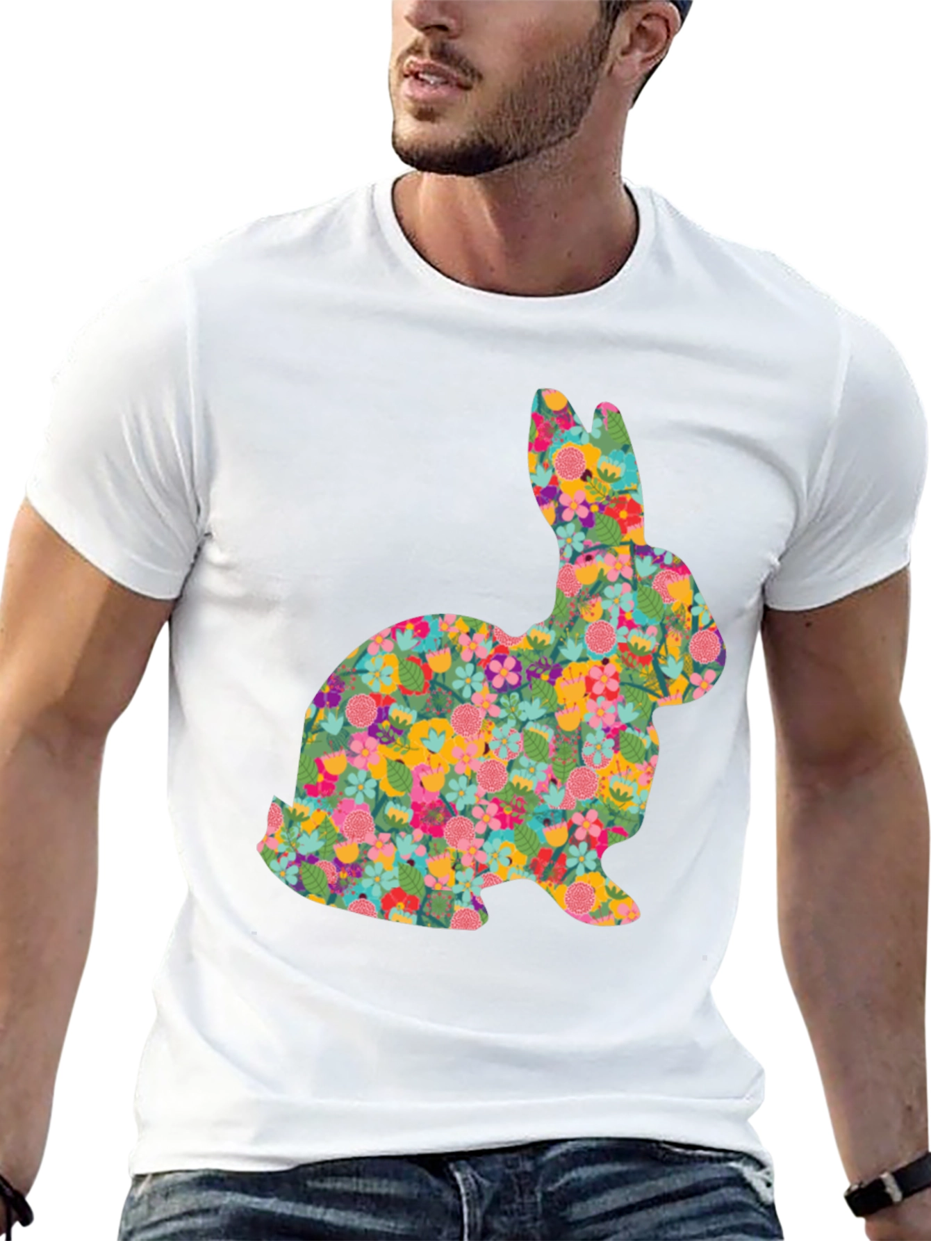 Black Floral Bunny Graphic Tee - Black Cotton Casual Shirt view 13